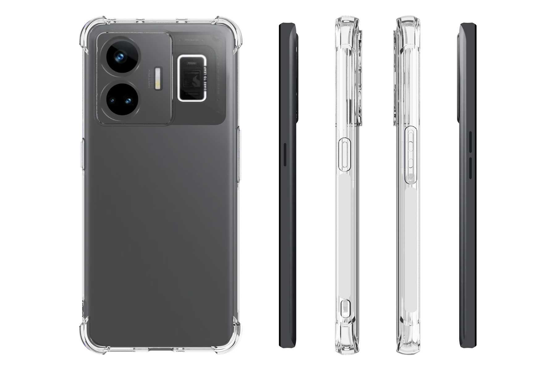 Telefon in transparenter Hülle, verschiedene Winkel.