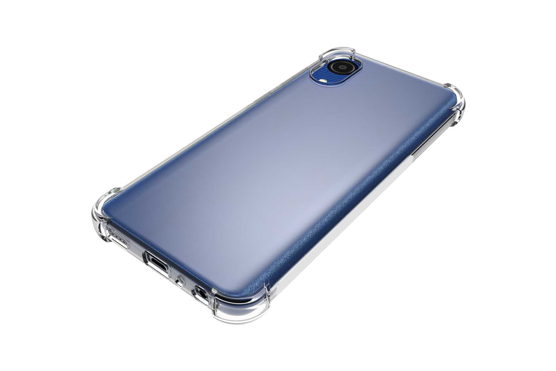 Transparente Handyhülle mit blauem Telefon darin, von oben gesehen.