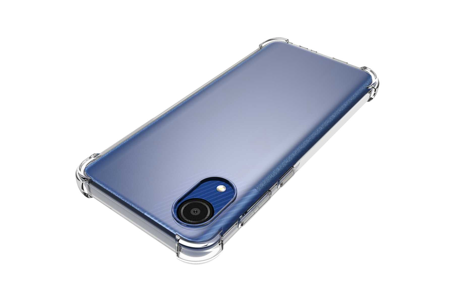 Blaue Handyhülle mit transparenten Kanten auf weißem Grund.