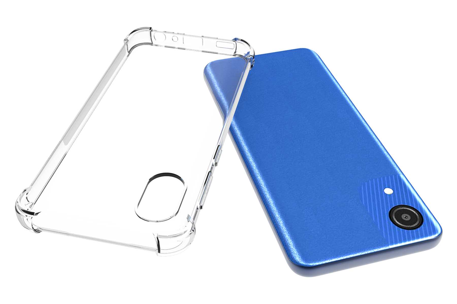 Blaues Telefon und eine transparente Hülle. Die Hülle liegt neben dem Telefon.