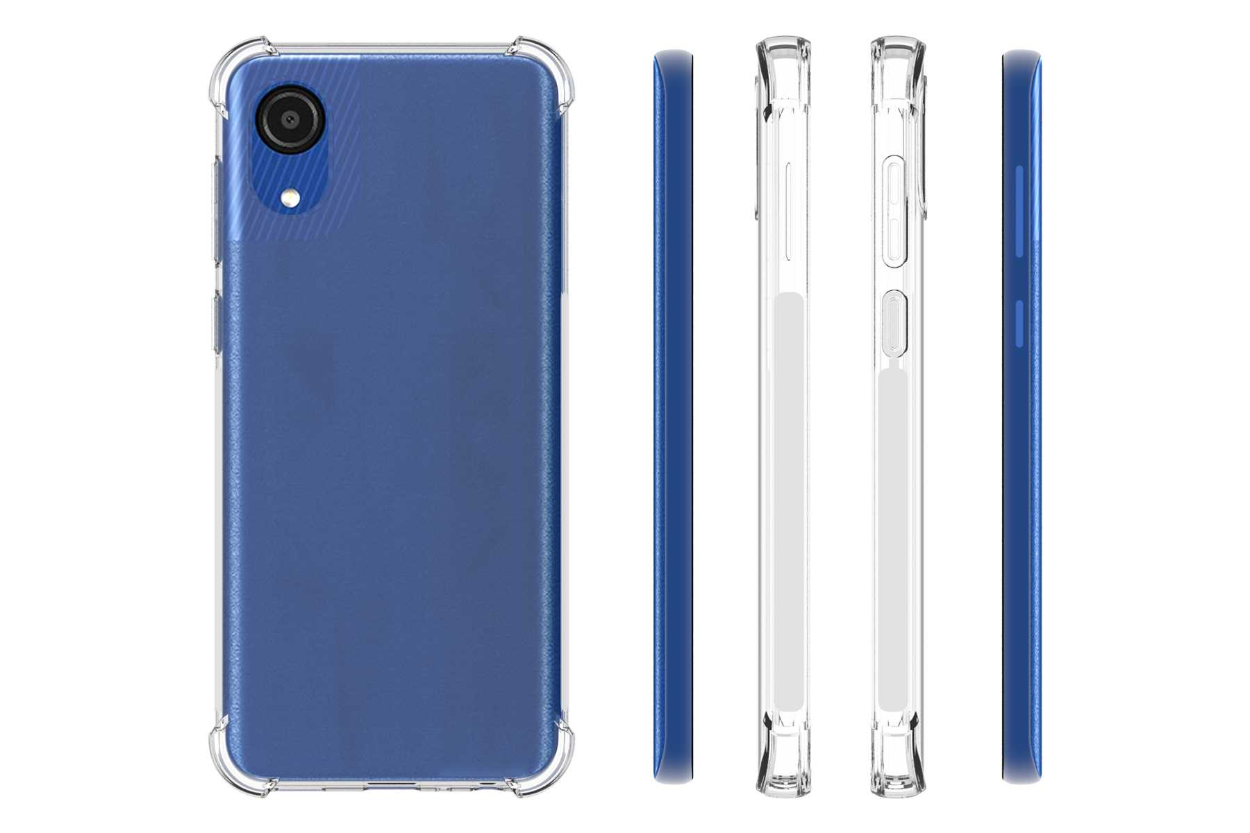 Blaue Handyhülle mit durchsichtigen Rändern, die die Rückseite eines Telefons mit sichtbarer Kamera zeigt.