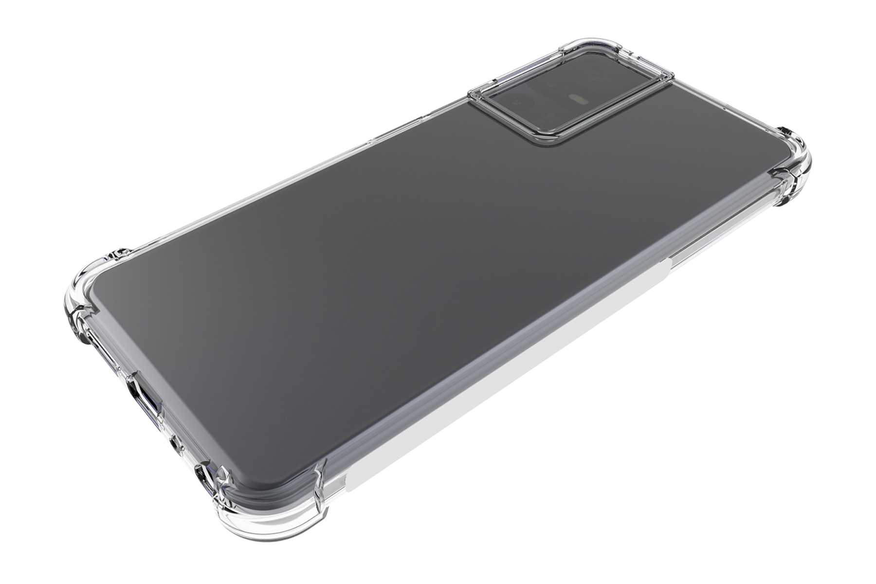 Eine transparente Handyhülle schützt ein Smartphone auf weißem Hintergrund.