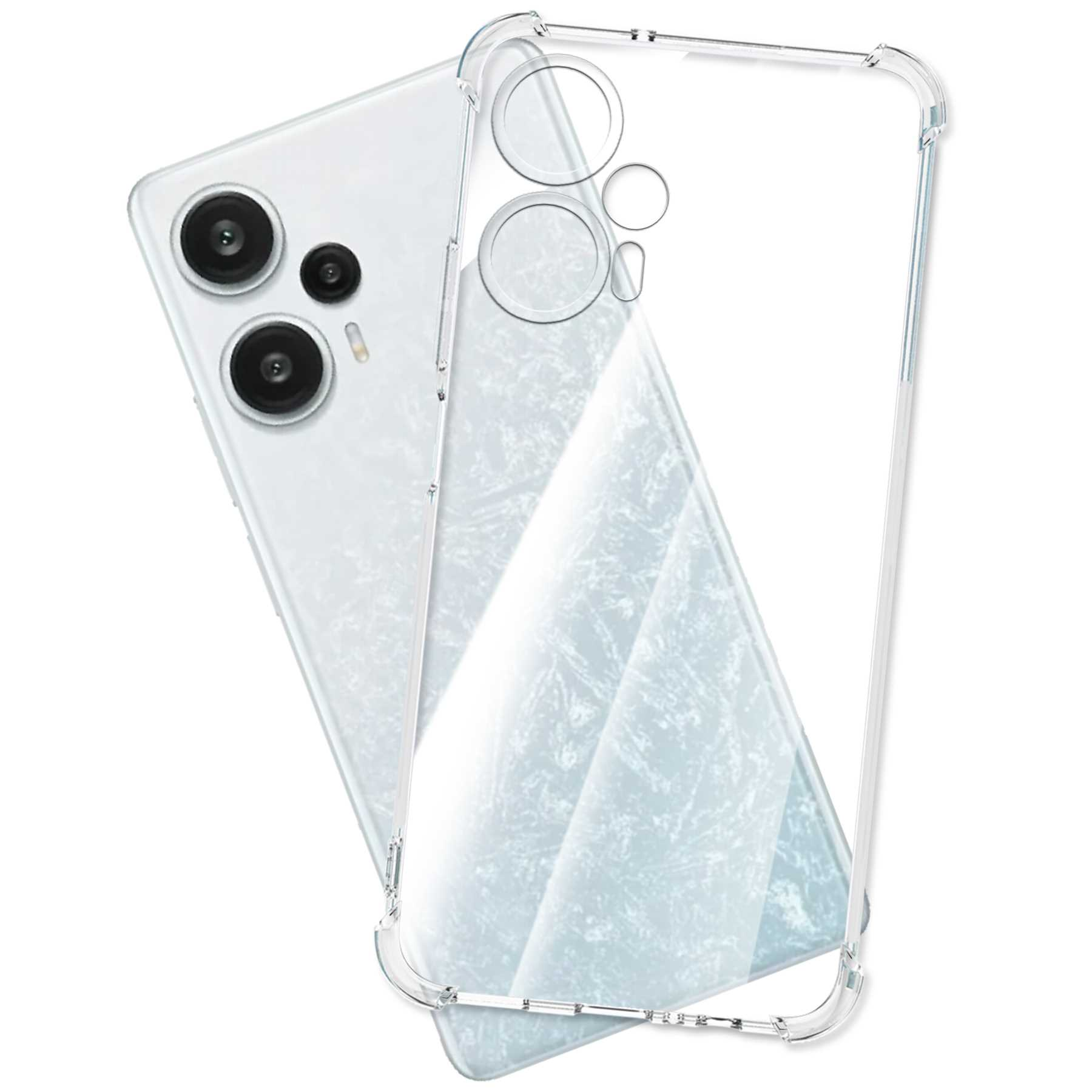 Transparente Handyhülle auf einem Telefon. Das Telefon hat eine transparente Hülle und eine Dual-Kamera-Anordnung.