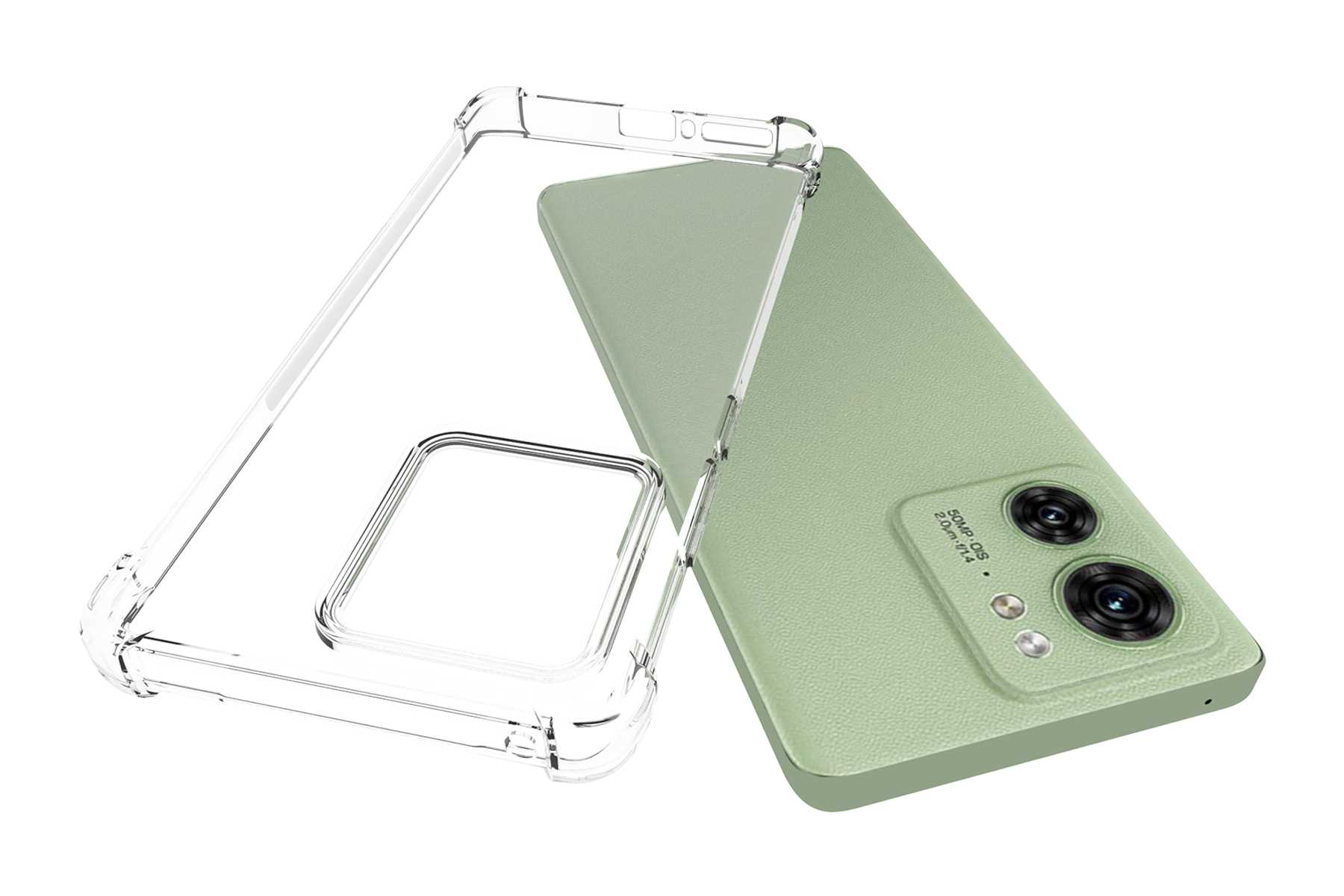 Handyhülle und Telefon. Grüner Telefonrücken mit Kameras. Transparente Hülle daneben.