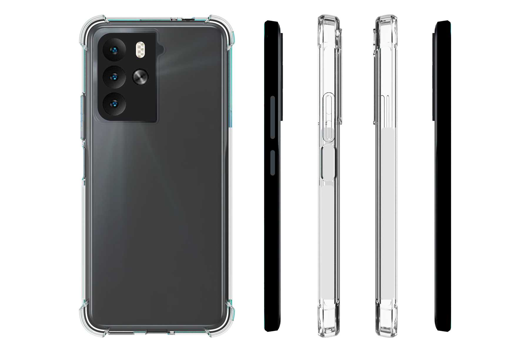 Smartphone-Hülle mit transparenten Seiten und schützenden Kanten. Mehrere Ansichten.