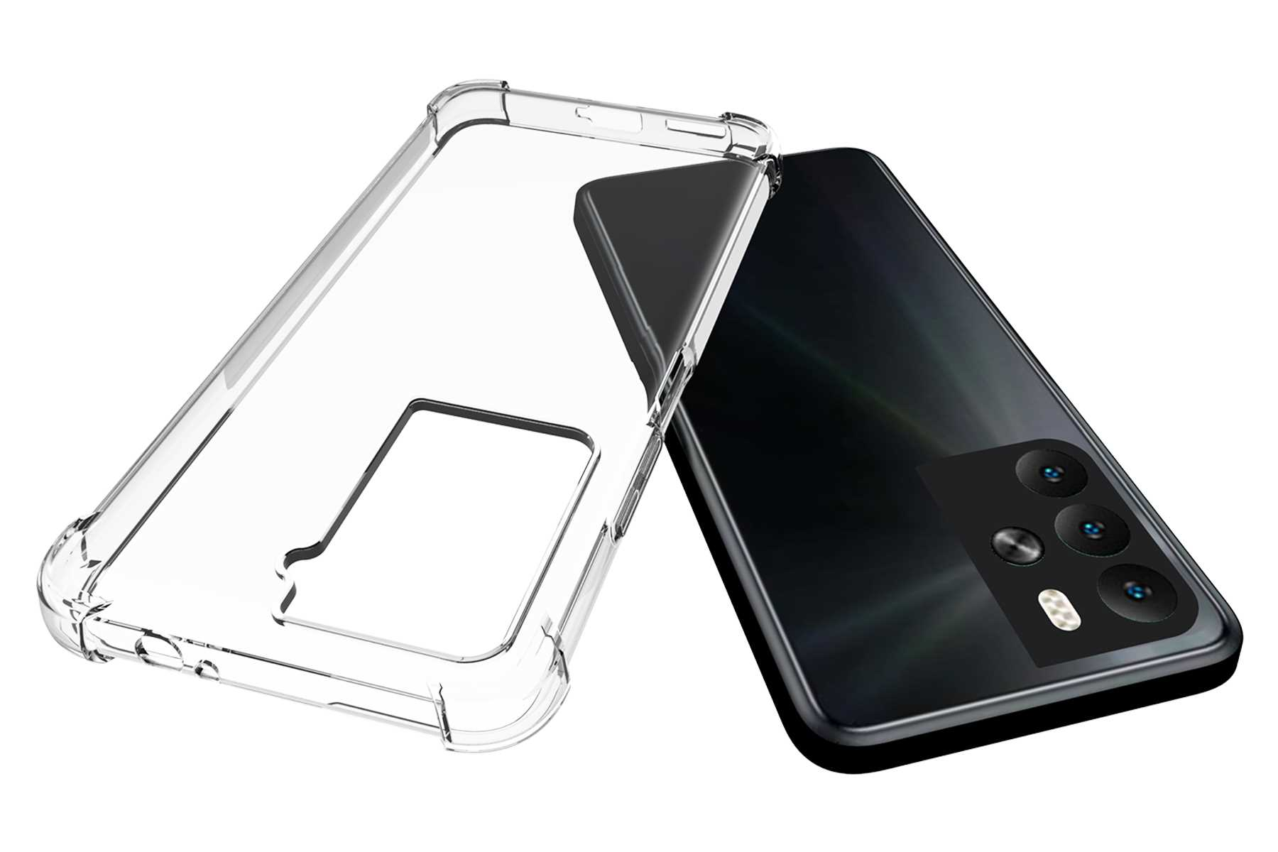 Schwarzes Smartphone mit klarer Handyhülle. Die Hülle ist offen, das Telefon liegt auf Weiß.