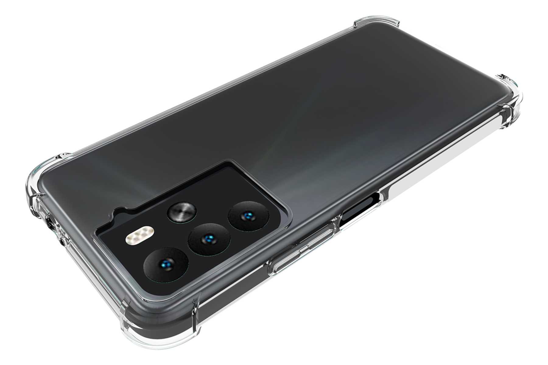 Transparente Handyhülle über einem schwarzen Telefon. Kameralinsen sichtbar.