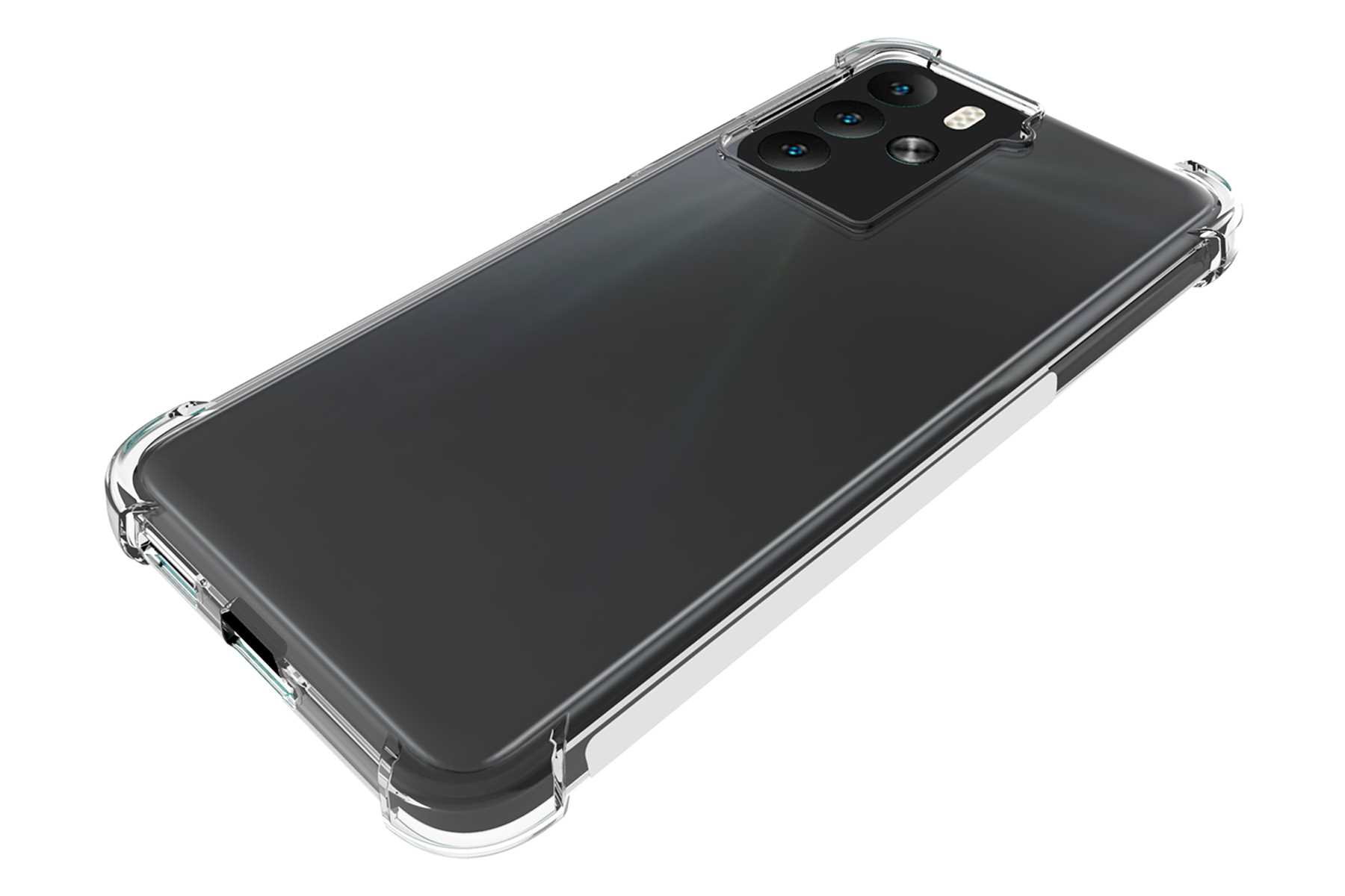 Transparente Handyhülle auf einem schwarzen Telefon. Die Hülle hat einen transparenten Rahmen und schützt die Kamera.