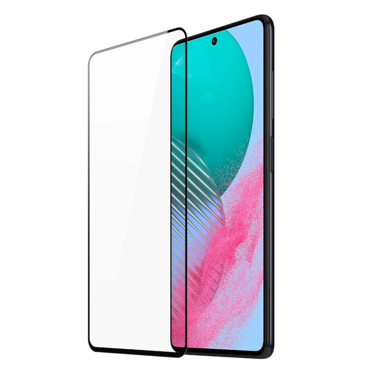 Uno smartphone con una protezione per lo schermo e la sua confezione, angolato su una superficie bianca.