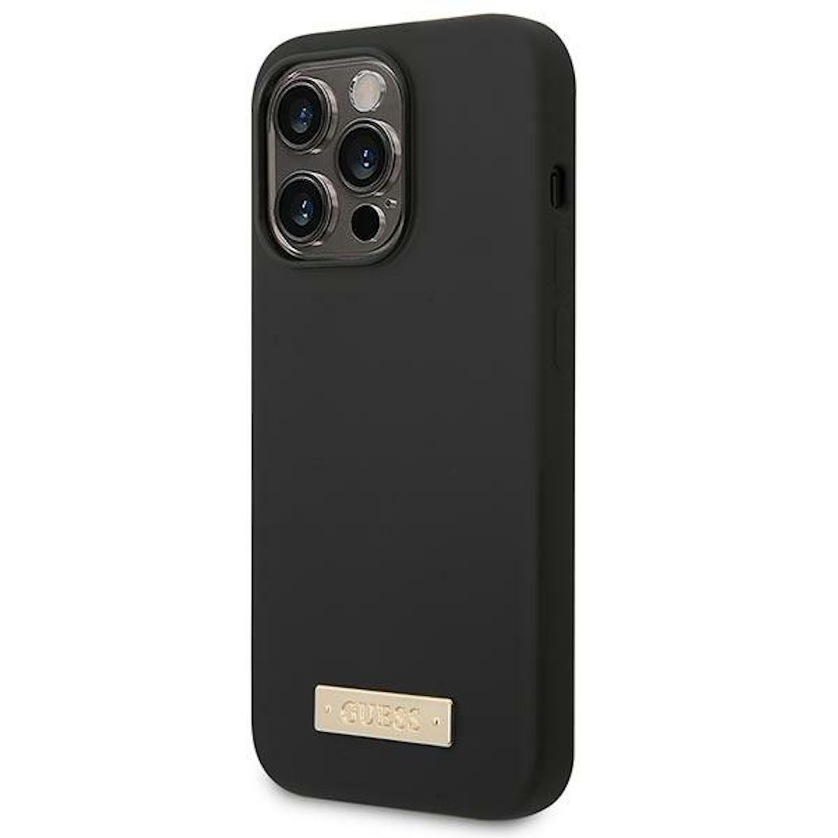 Custodia nera per telefono con logo Guess dorato. Lenti della fotocamera visibili in alto.