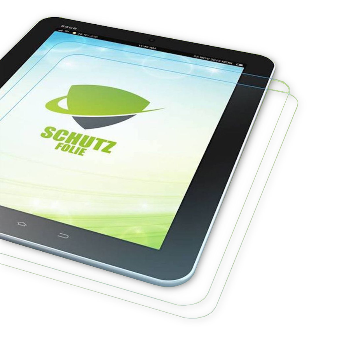 Ein Tablet mit Displayschutz und eine Box mit dem Schutz und einer Tablet-Illustration.