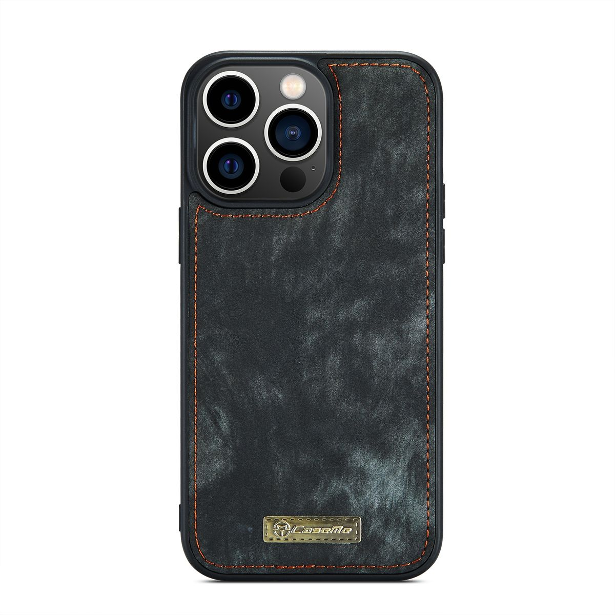 Eine schwarze iPhone-Hülle mit Lederstruktur und metallischem Akzent mit Markenlogo.