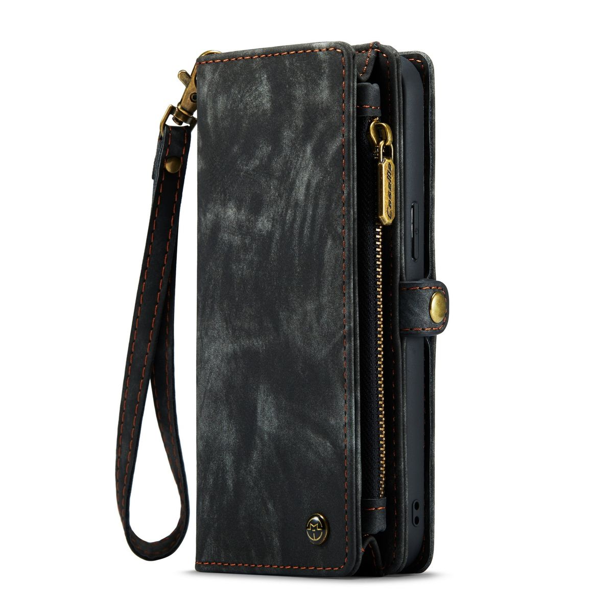 Schwarzes Leder-Handy-Wallet mit Handschlaufe, Reißverschluss und Knopfverschluss. Braune Nähte an den Kanten.