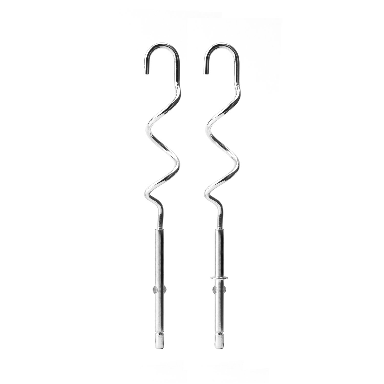 Dos batidores de metal para una batidora, con un diseño en espiral curvado.