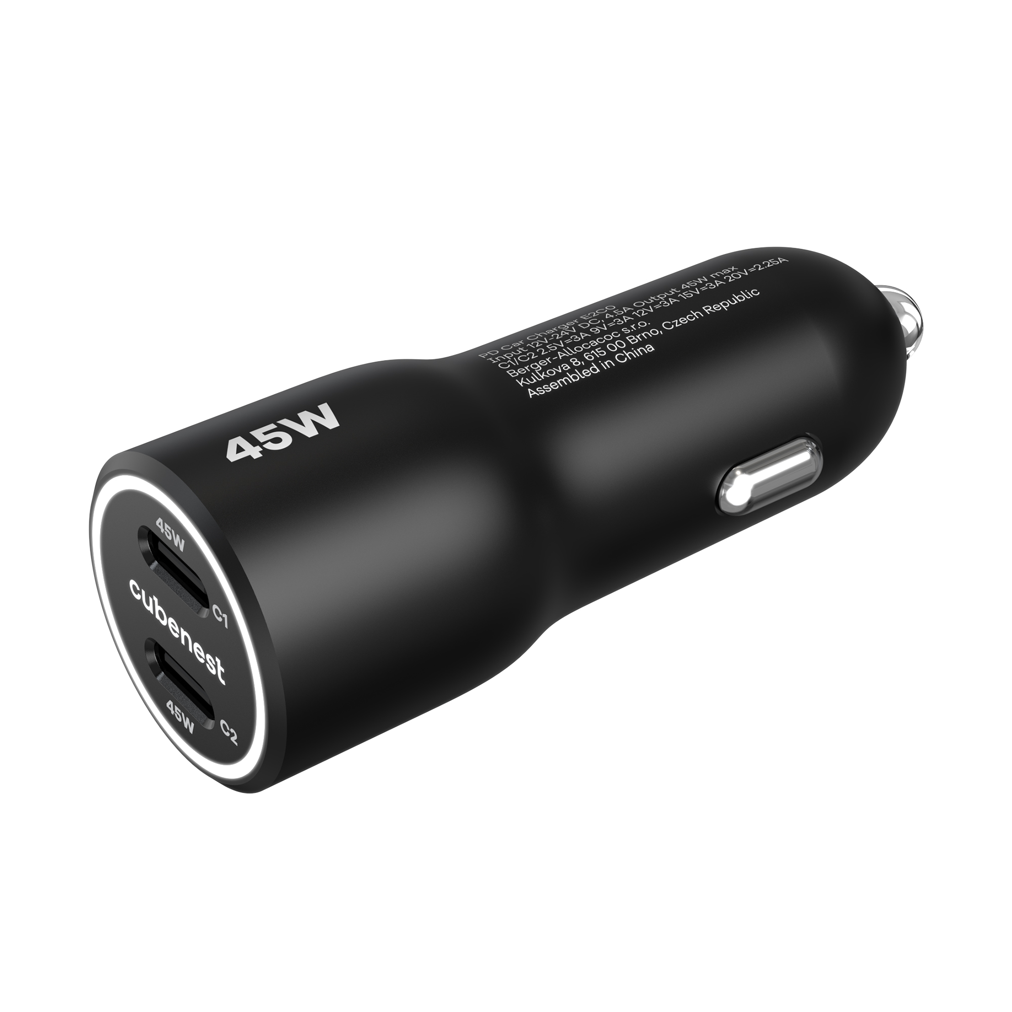 Caricabatterie per auto nero con due porte USB ed etichetta 45W. Bordo bianco intorno al caricabatterie.