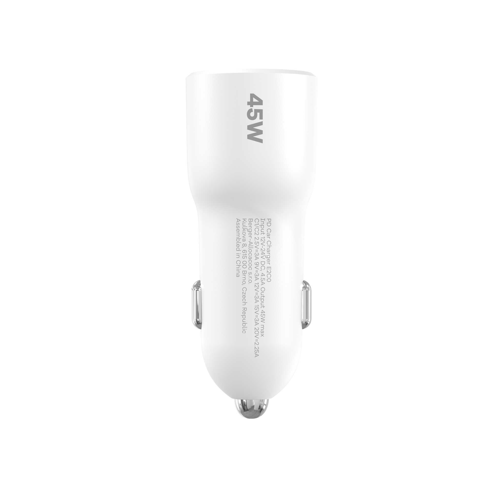 Caricabatterie per auto da 45W bianco. Il testo sul caricabatterie indica il modello e le specifiche. Sfondo bianco.
