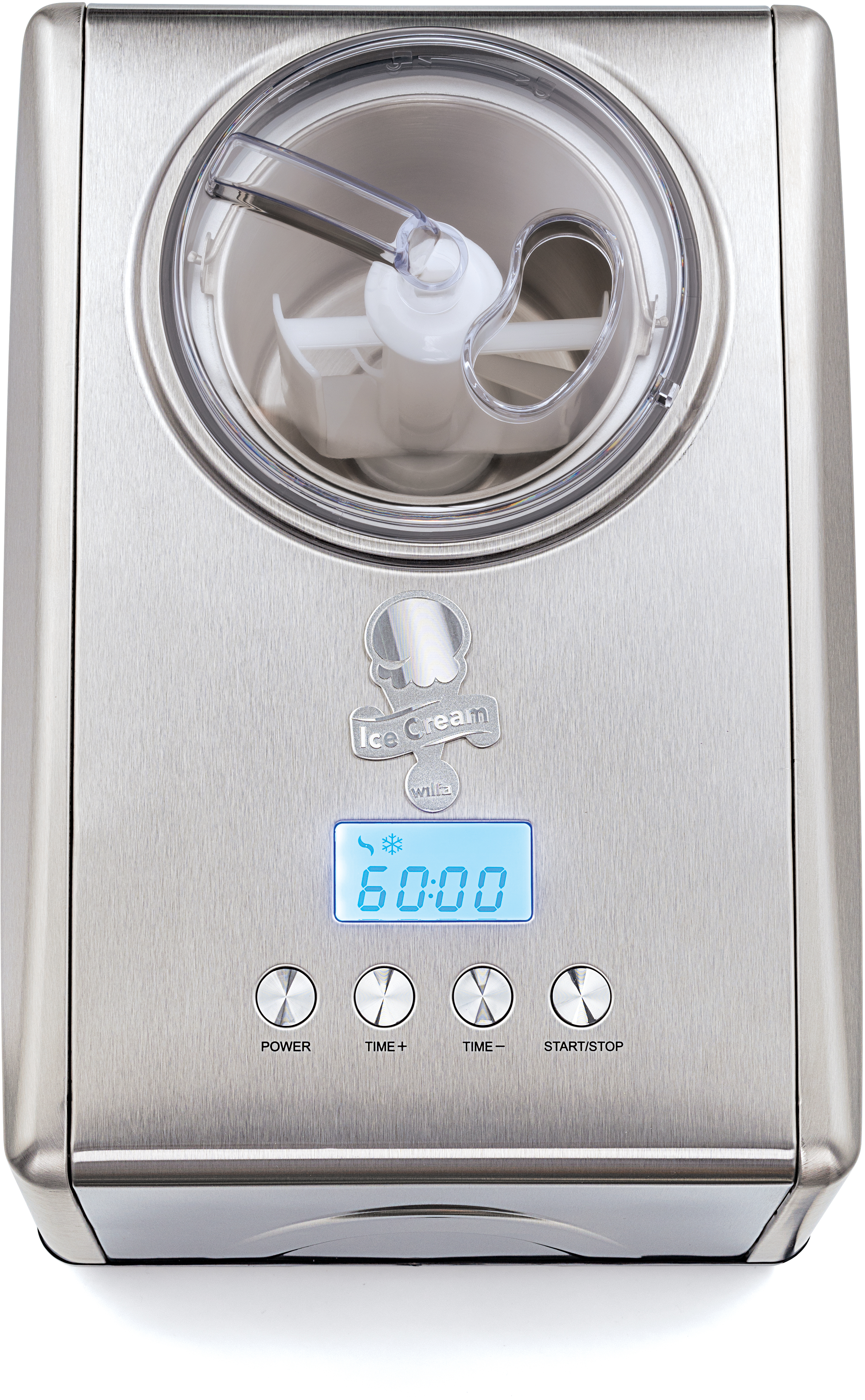 Silberfarbene Eismaschine mit Digitalanzeige, die 60:00 und Steuertasten anzeigt.