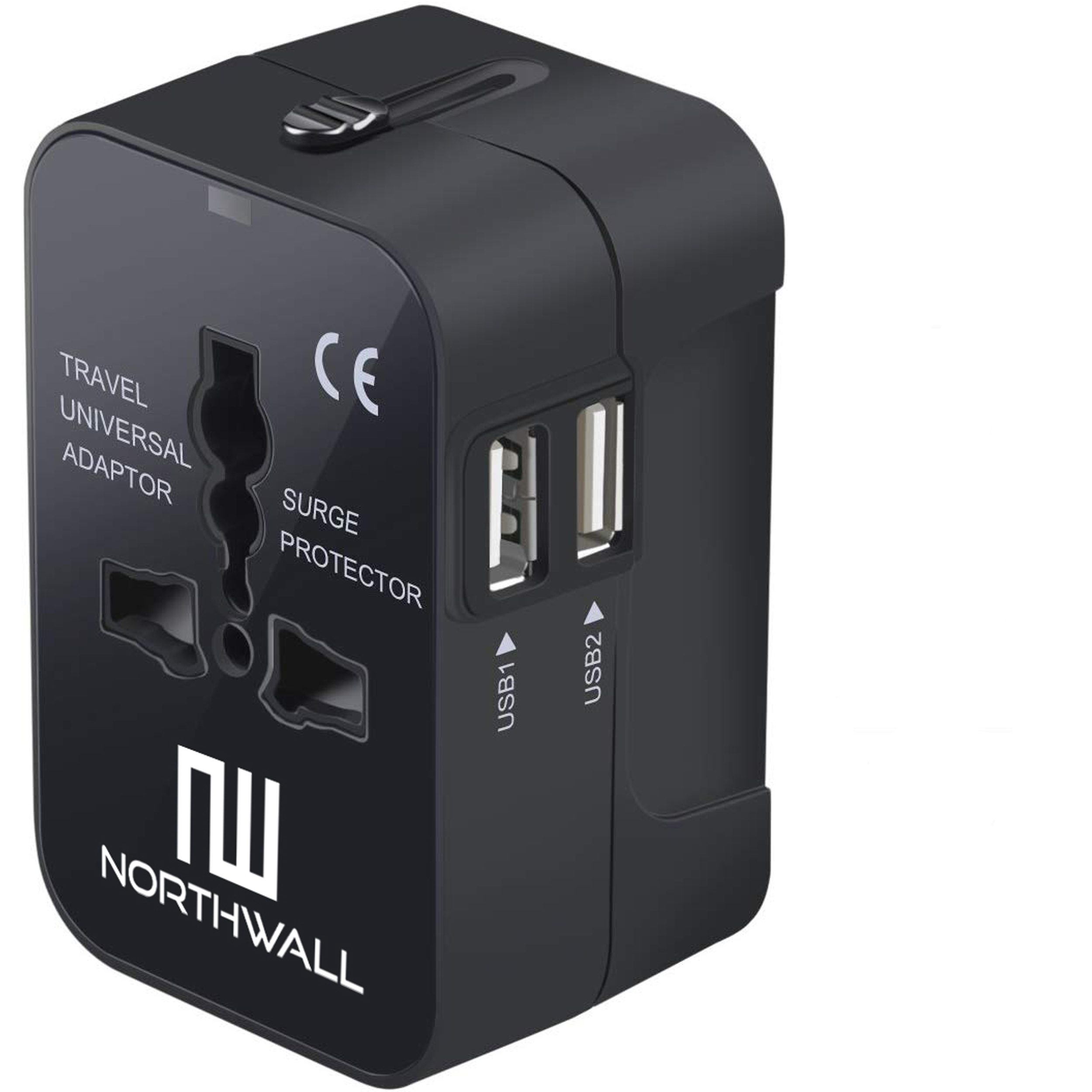 NORTHWALL Universeller Reisestecker mit 2 USB-Anschlüssen Weltweit, Reiseadapter Schwarz