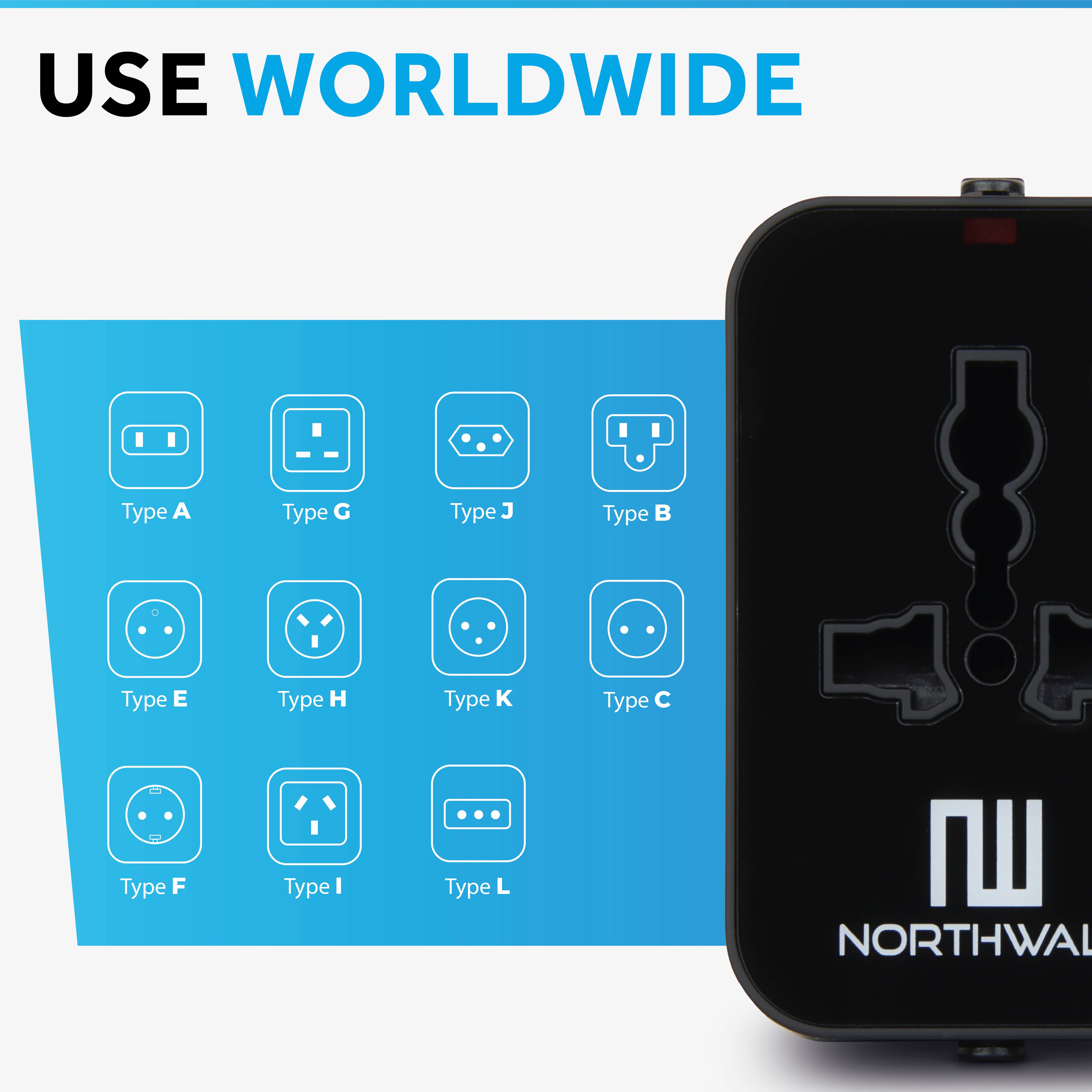 An adapter with different plug types to use worldwide. There are nine different plug types shown.