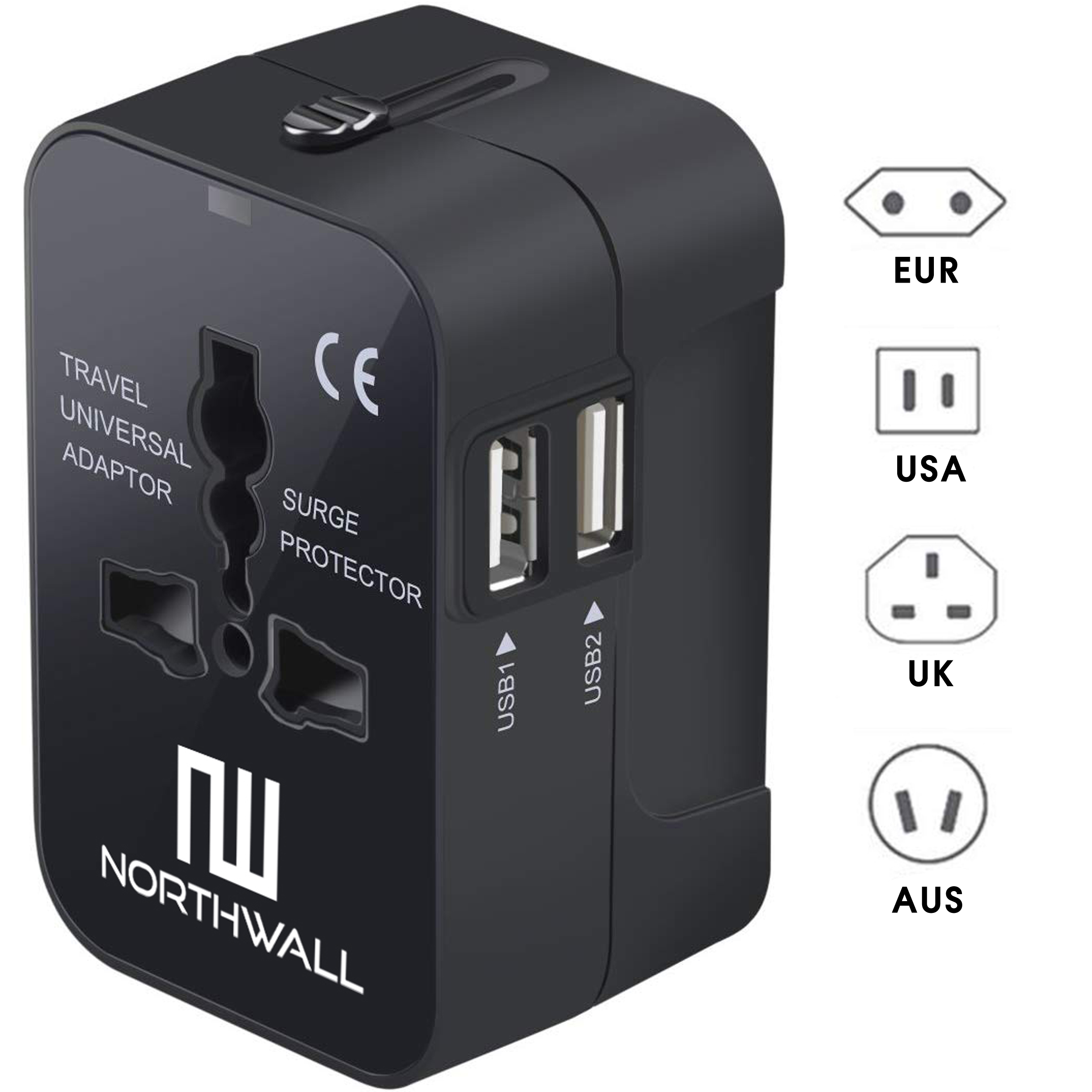 Universeller NORTHWALL USB-Anschlüssen Reisestecker Schwarz 2 Reiseadapter mit Weltweit,