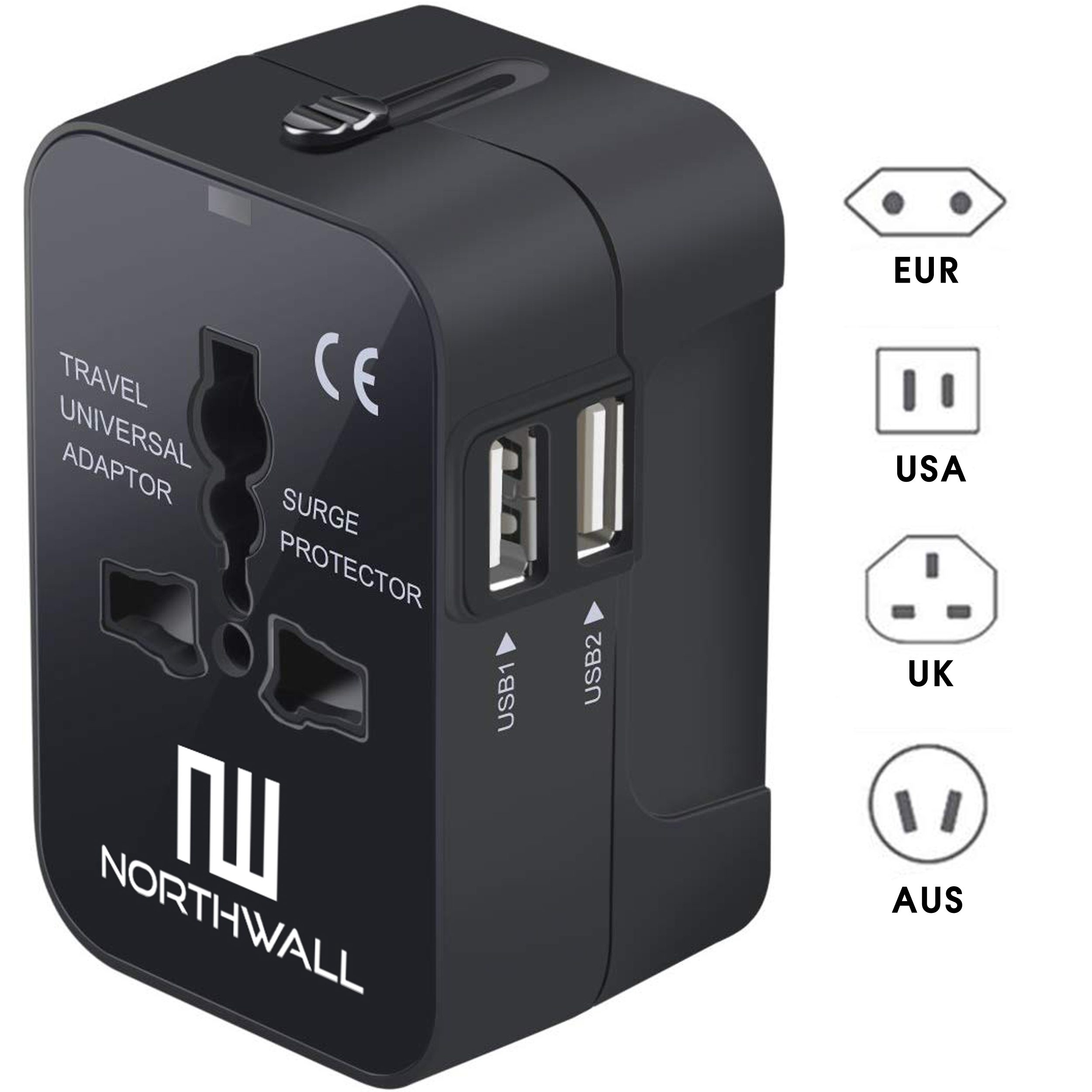 Black travel adapter with multiple plug types and USB ports, branded 'NORTHWALL'.