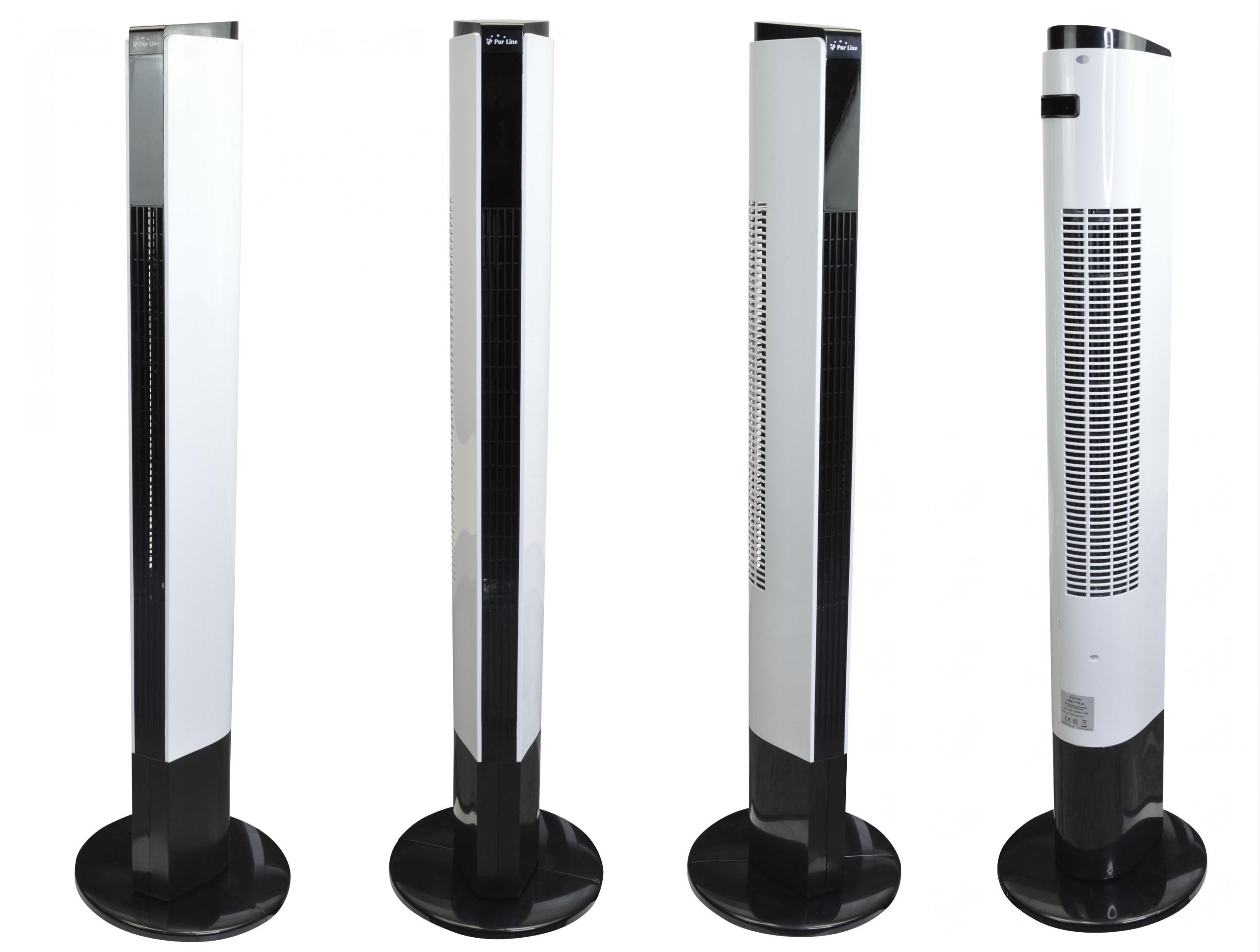 Cuatro ventiladores de torre. Todos blancos con bases negras, diferentes vistas.
