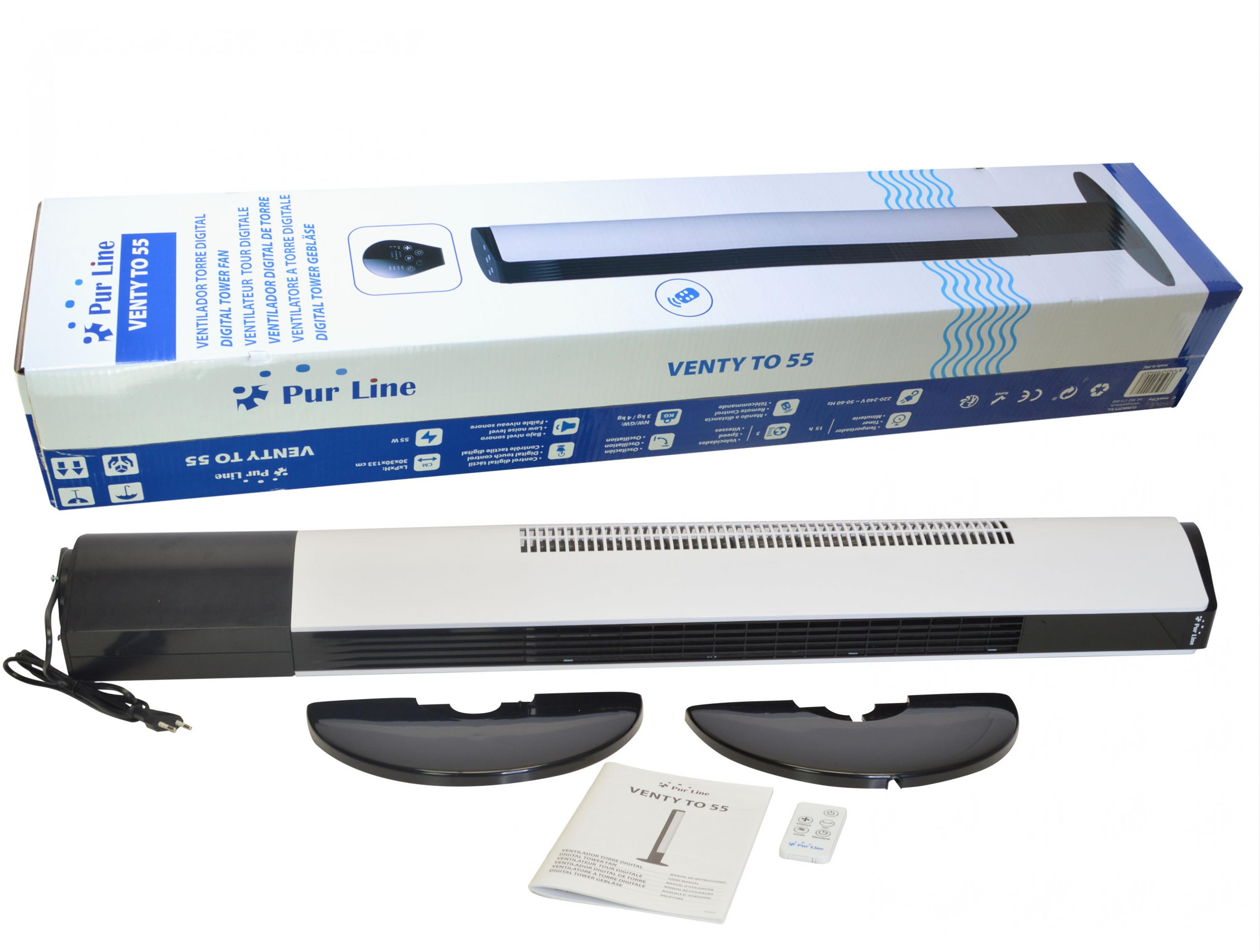 Un ventilador de torre Pur Line, con su caja y accesorios. El ventilador es blanco y negro.