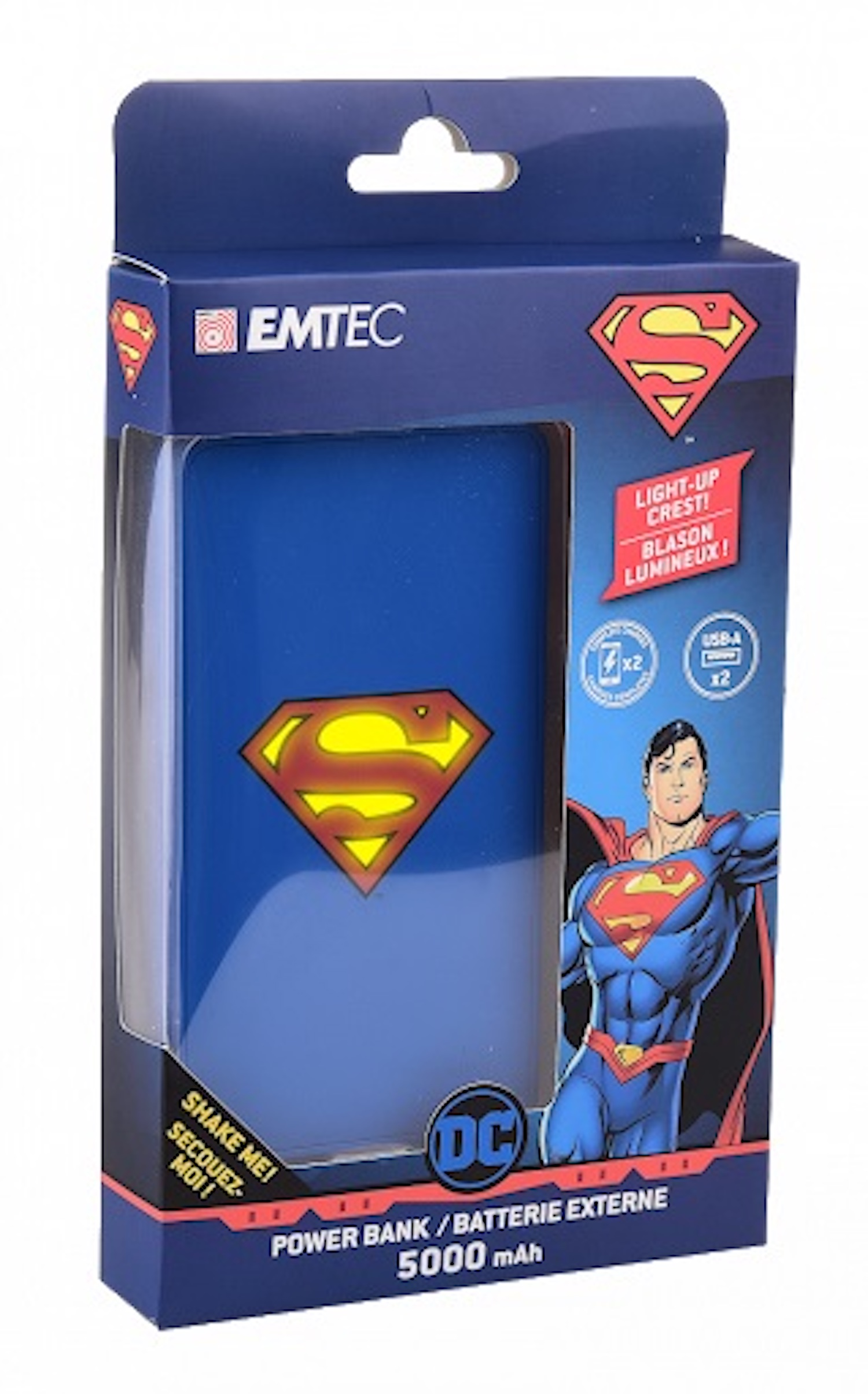 Eine Powerbank im Superman-Design in einer blauen Box mit dem Superman-Logo und Charakterbild.
