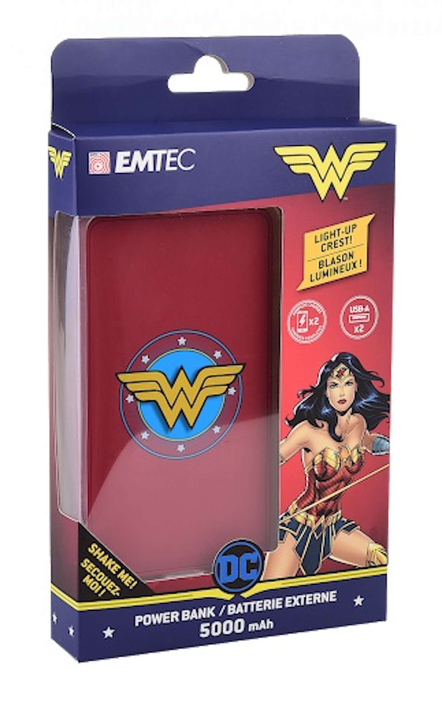 Wonder Woman Powerbank in einer Box. Die Box zeigt Wonder Woman und das Logo.