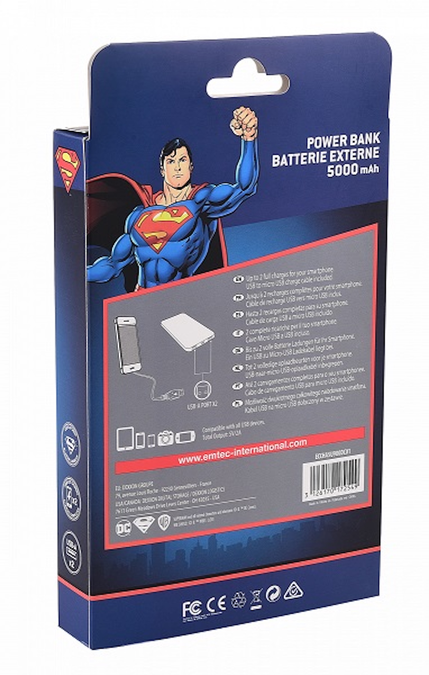 Superman-Powerbank-Verpackung mit Superman-Illustration auf weißem Grund.