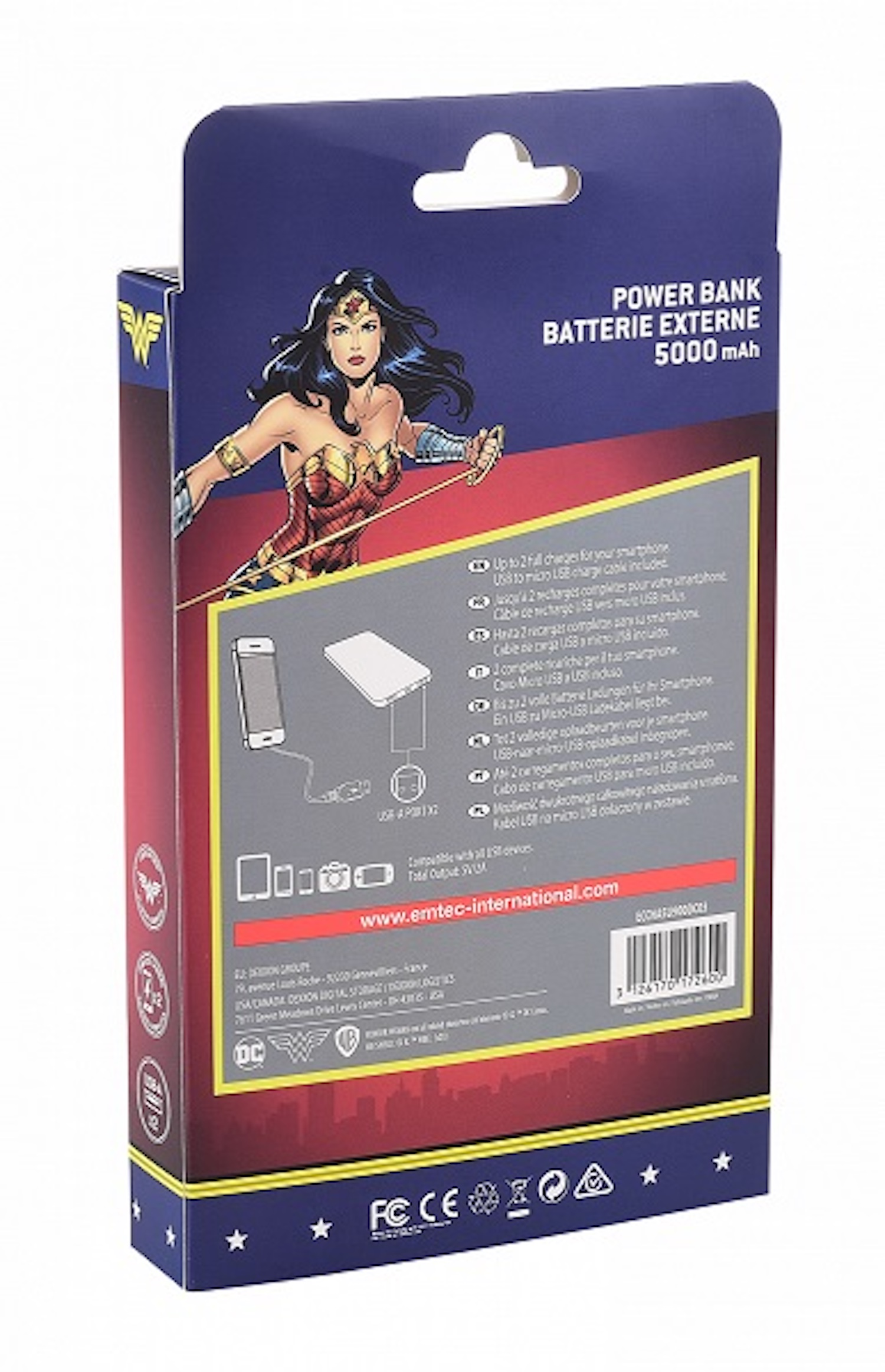 Rückseite der Wonder Woman Powerbank-Box mit Illustrationen der Figur und Produktdetails.