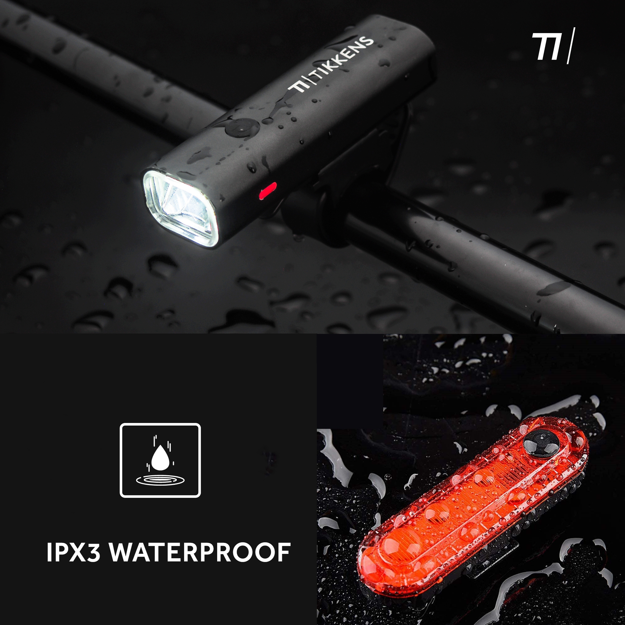 Schwarzes Fahrradlicht, vorne und hinten. IPX3 wasserdichtes Symbol.