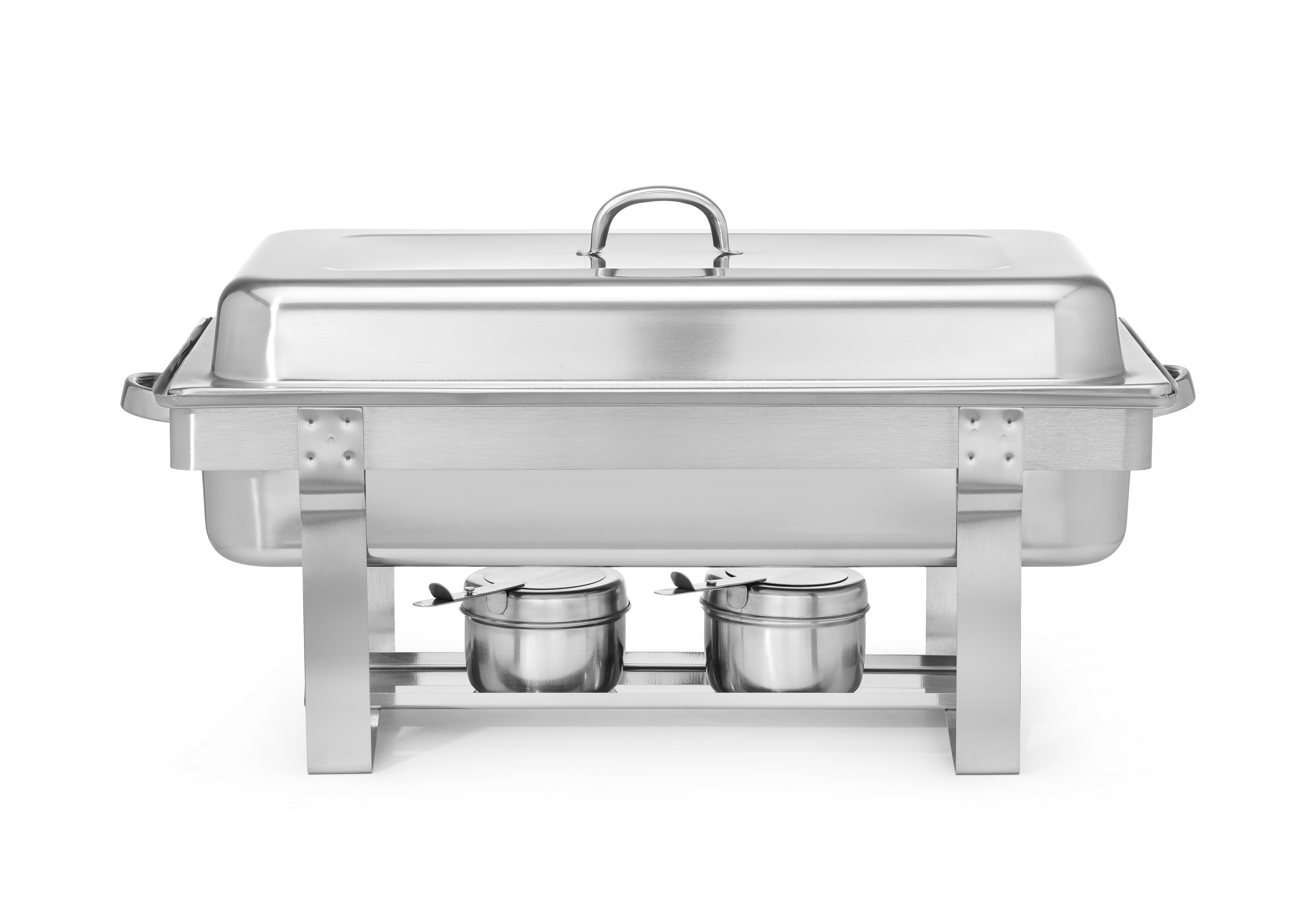 Scaldavivande in acciaio inox su sfondo bianco. Lo scaldavivande ha un coperchio e due portacombustibile.