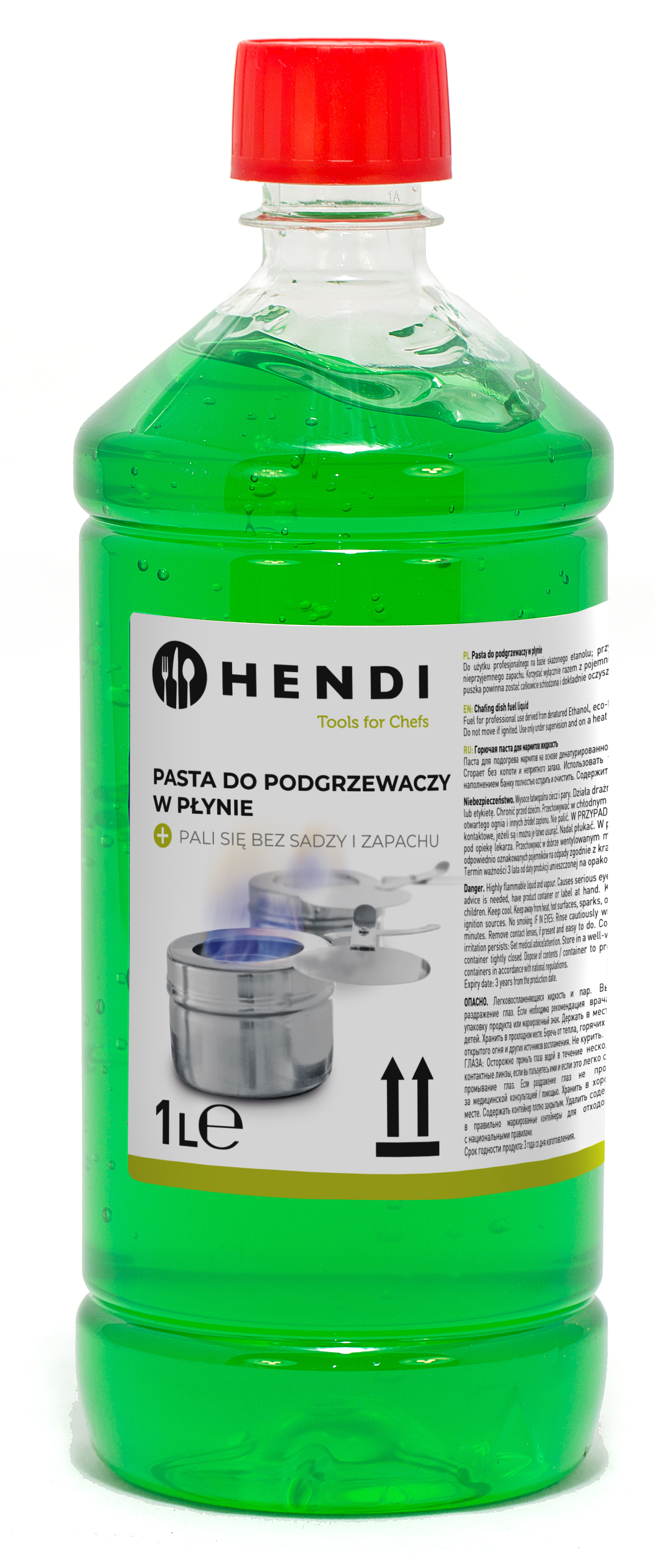 Una bottiglia di liquido verde con tappo rosso ed etichetta. Il liquido sembra essere per il riscaldamento.