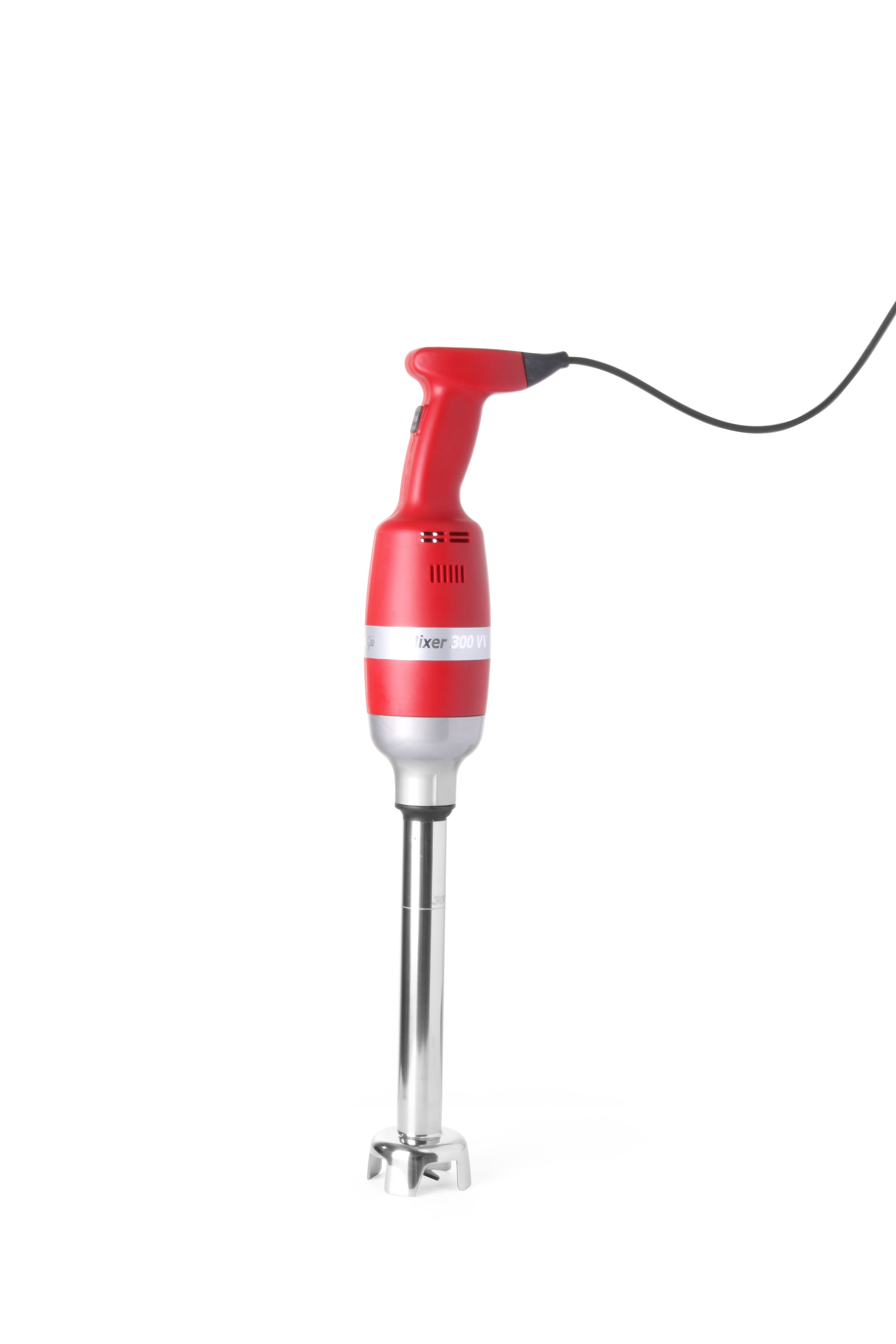 Roter und silberner Stabmixer auf weißem Hintergrund.