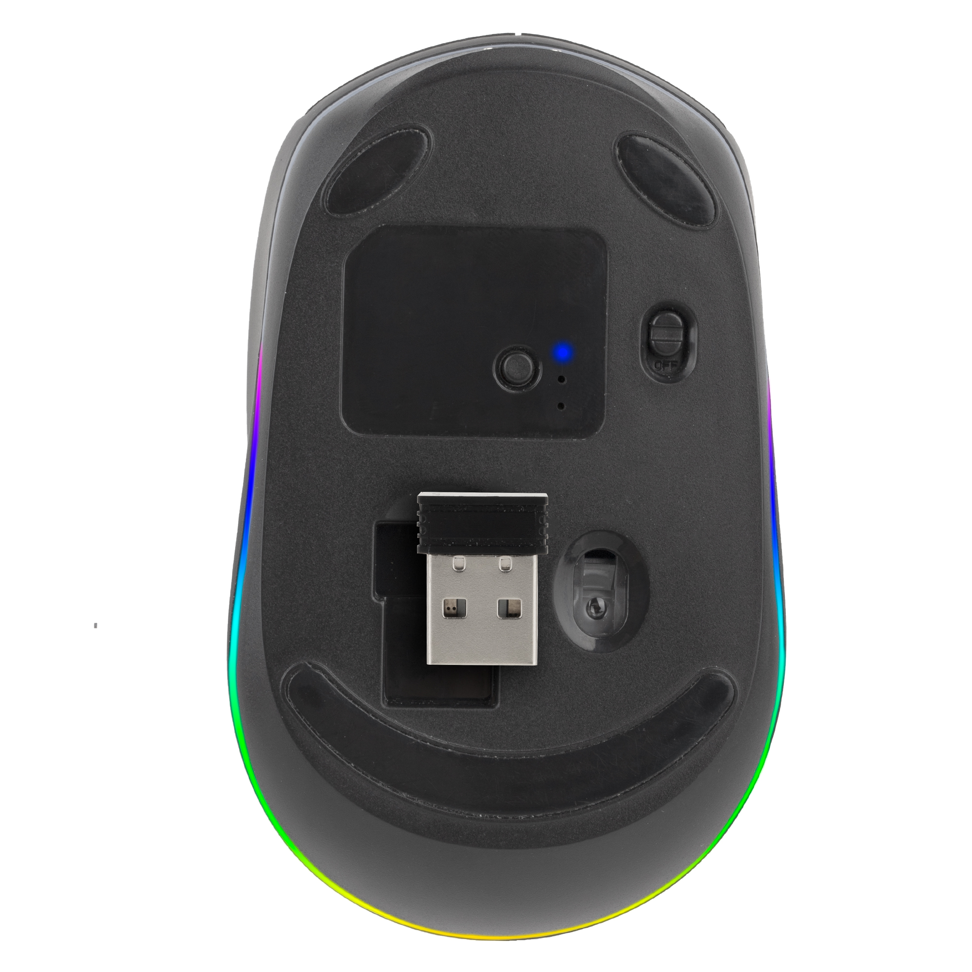 Gamingmuis, onderaanzicht. Zwart met RGB-verlichting. USB-ontvanger geplaatst. Aan/uit-schakelaar zichtbaar.