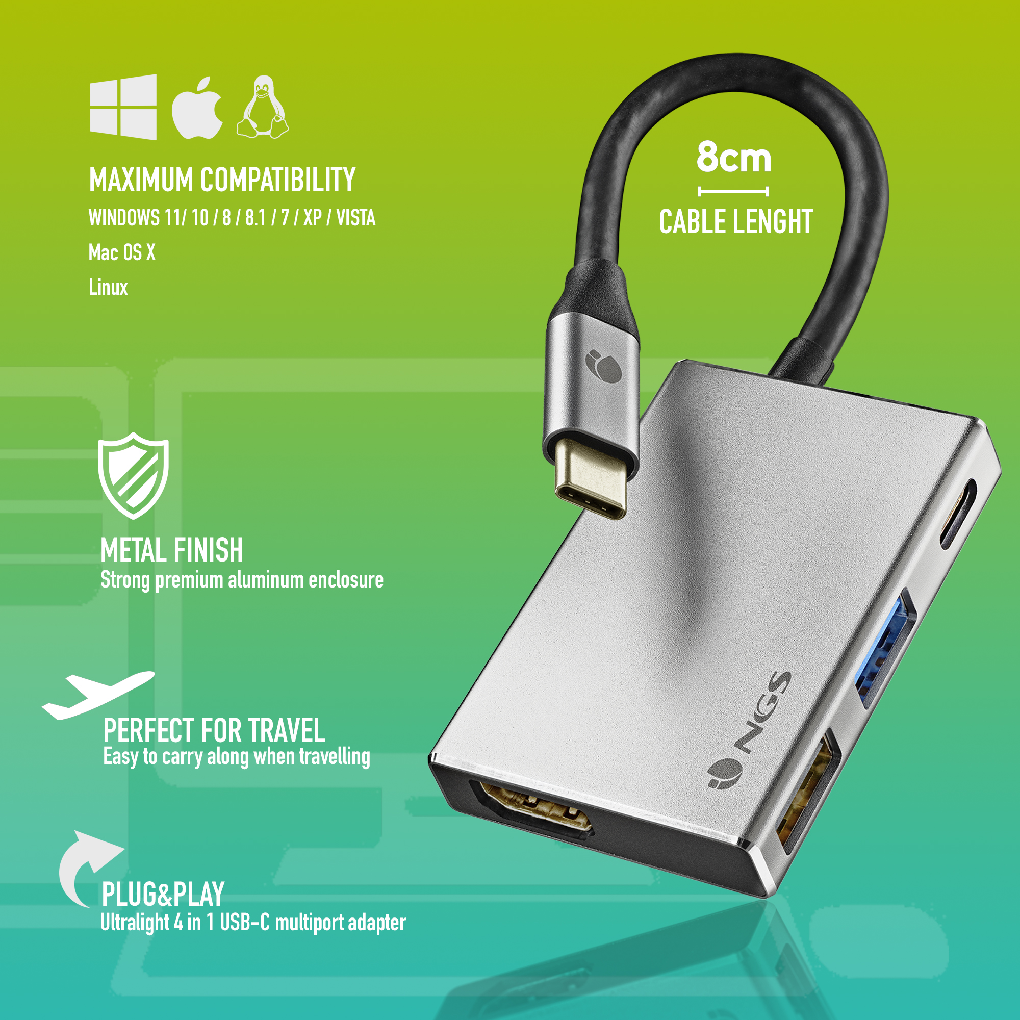 Ein silberner USB-C-Multiport-Adapter mit schwarzem Kabel. Er hat einen USB- und HDMI-Anschluss und ein Logo.