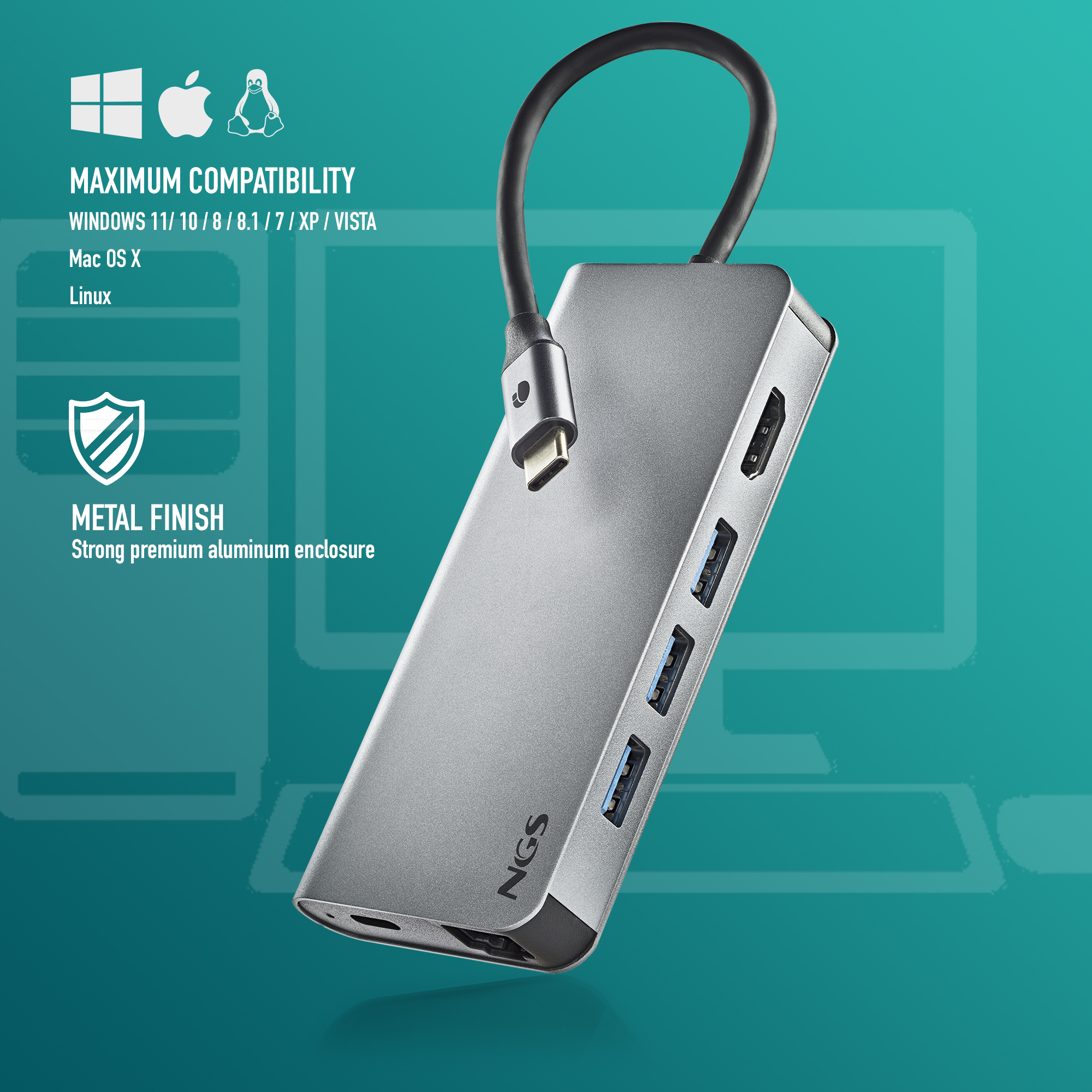 Ein silberner USB-Hub mit mehreren Anschlüssen, Text und Symbolen, vor blau-weißem Hintergrund.