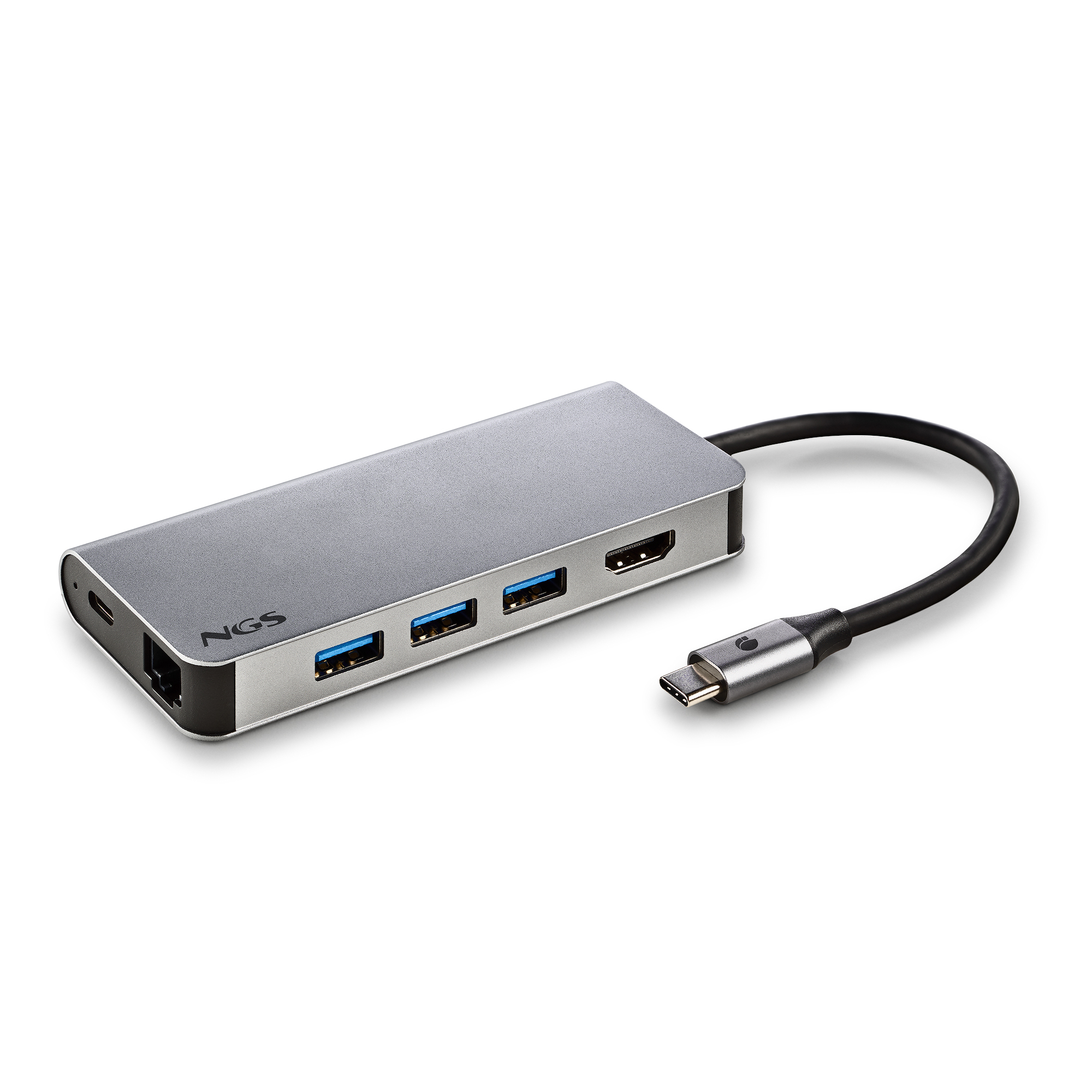 Silberner NGS USB-Hub mit 3 USB-Anschlüssen, HDMI-Anschluss und USB-C-Anschluss.