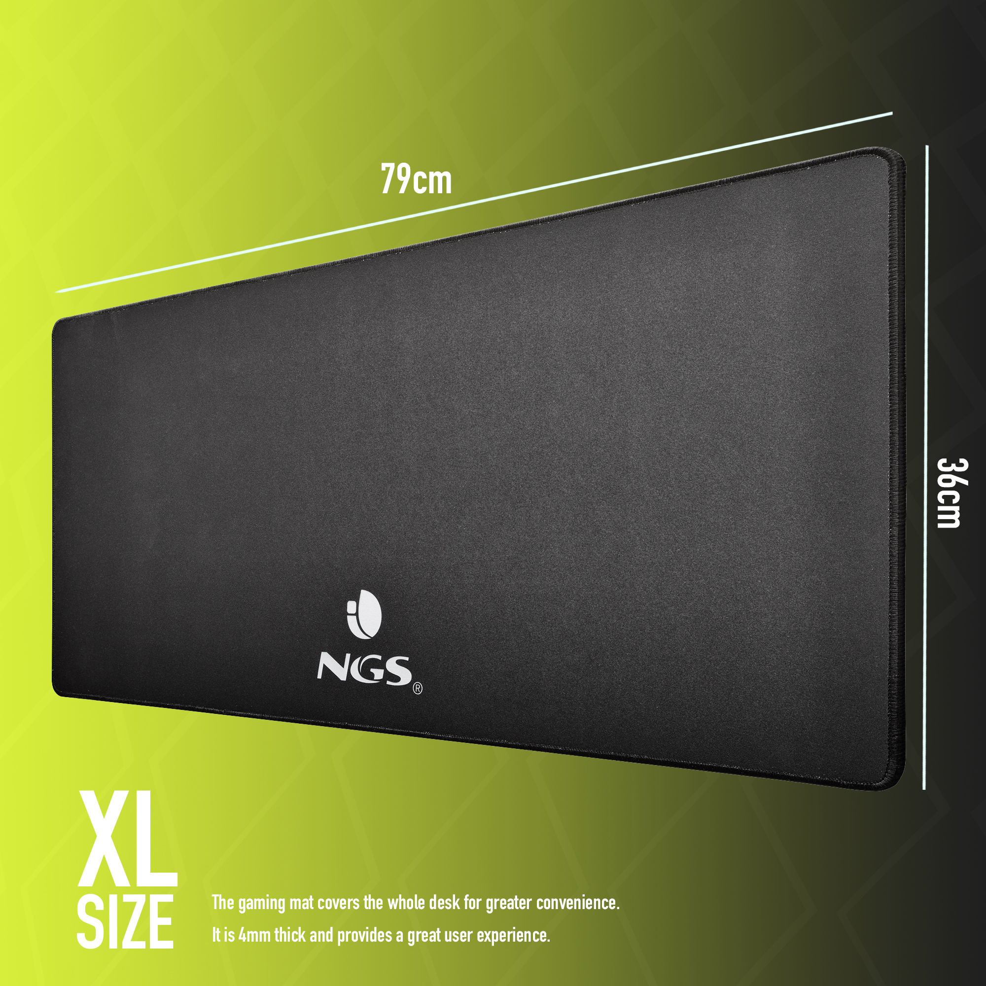 Czarna podkładka pod mysz gamingową XL z wymiarami, logo NGS i tekstem.