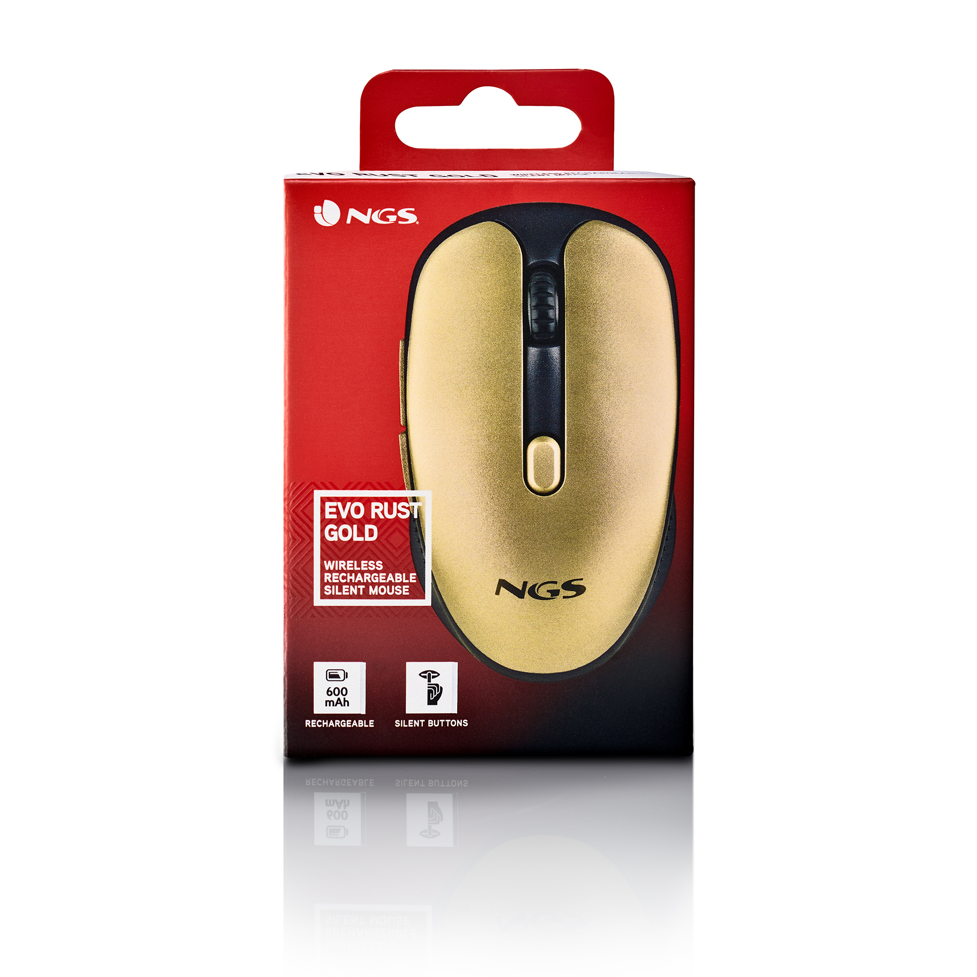 Złota mysz bezprzewodowa w czerwono-czarnym pudełku. Ma nazwę marki NGS.