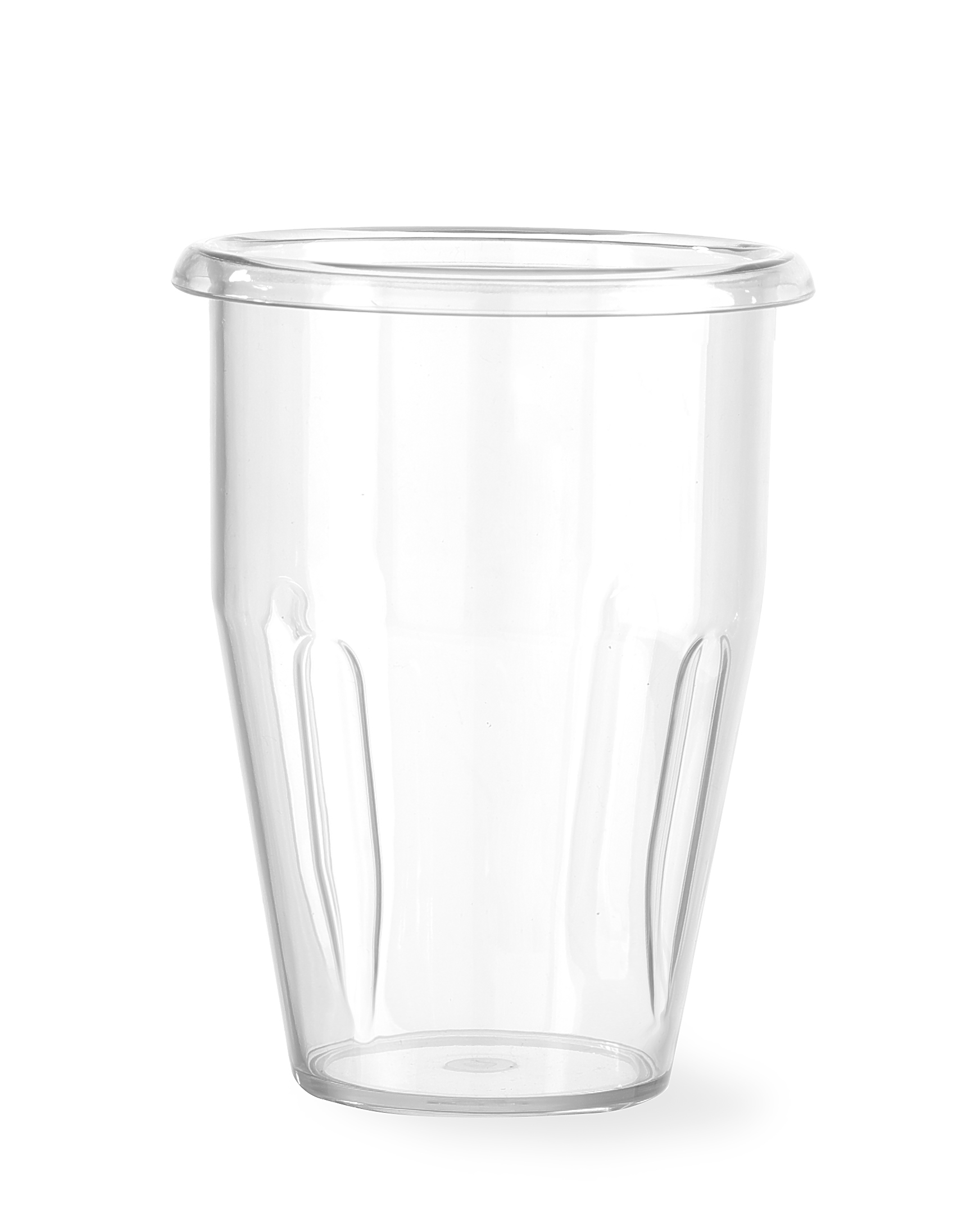 Un bicchiere di plastica trasparente con un bordo spesso e linee verticali.