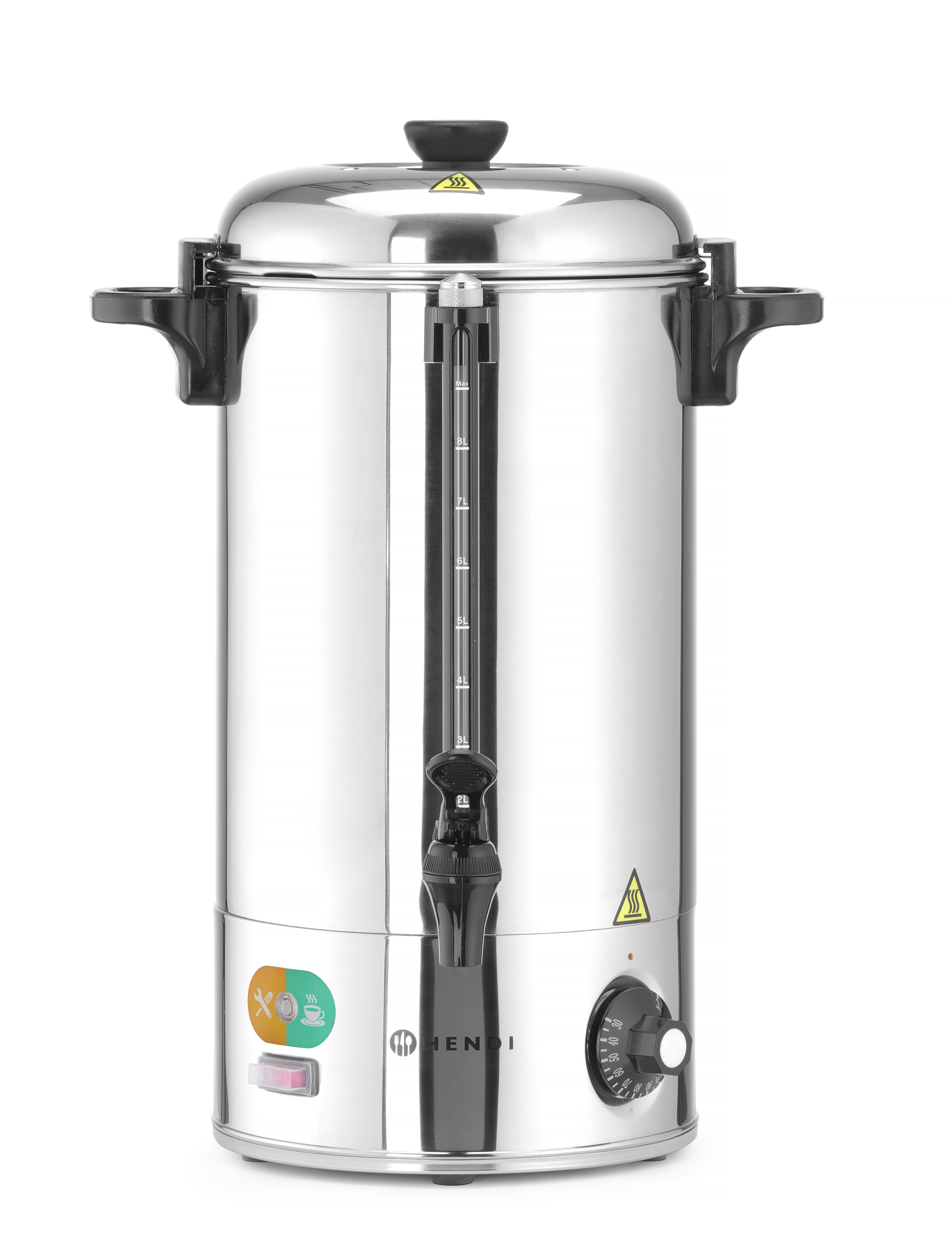 Edelstahl Hendi Kaffee-Urne mit schwarzem Wasserhahn und Griff, auf Weiß.