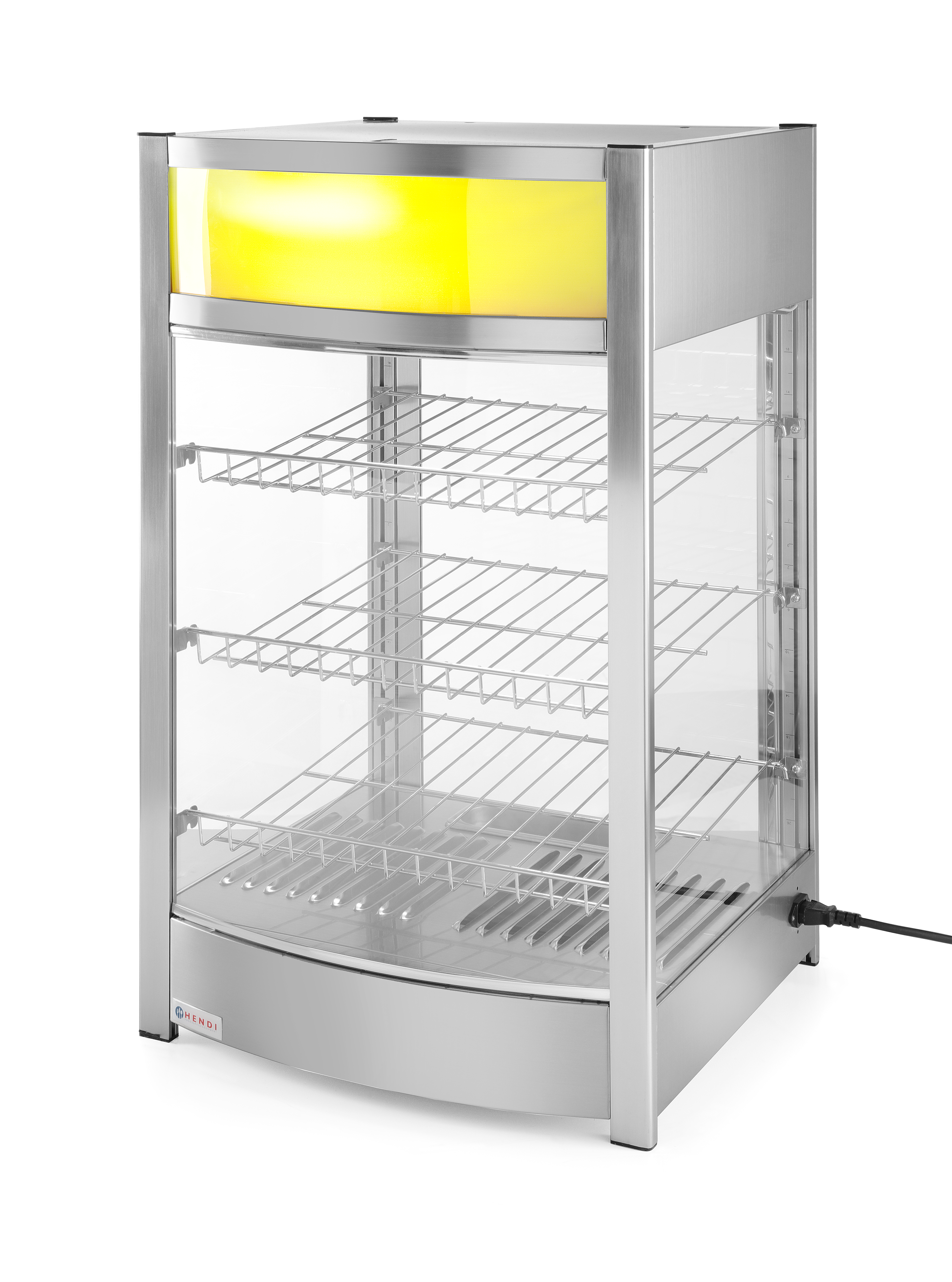 Scaldavivande in acciaio inox con frontale in vetro e tre ripiani a filo. Luce gialla in alto.