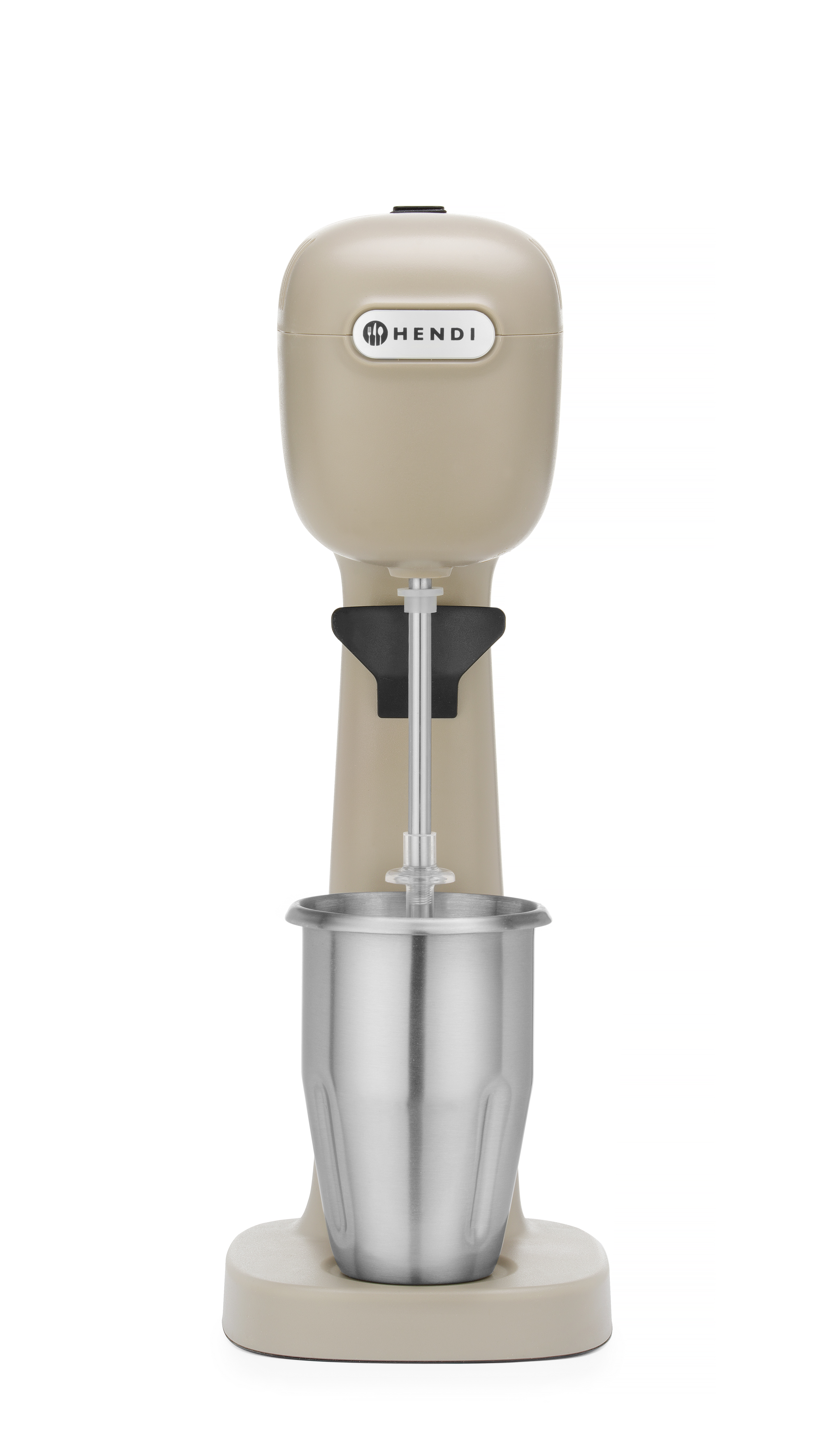 Frullatore per milkshake beige con una tazza in acciaio inossidabile. Il frullatore è beige e ha un mandrino di miscelazione color cromo.