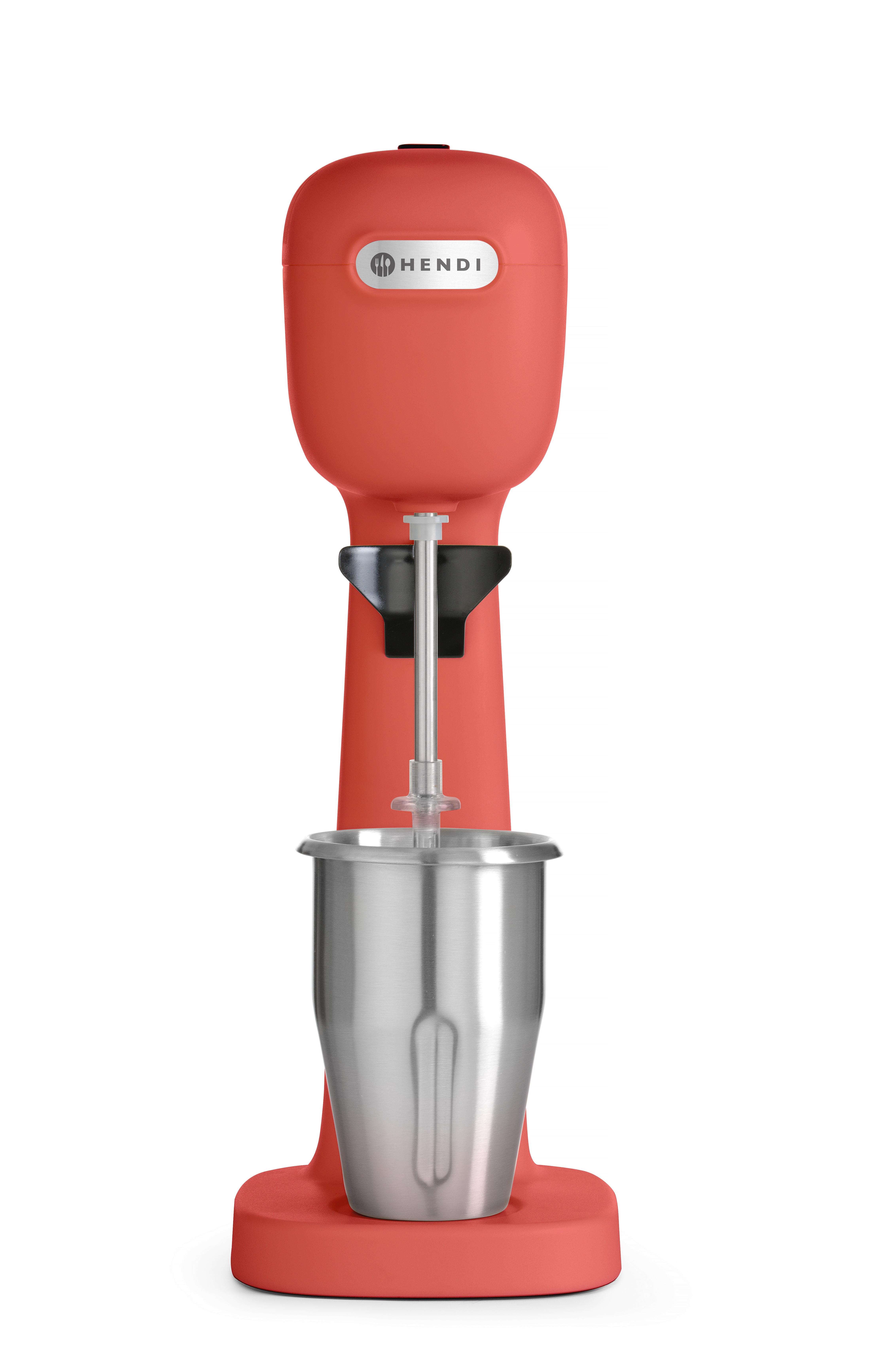 Un frullatore rosso con una tazza in acciaio inox. Il marchio è HENDI.