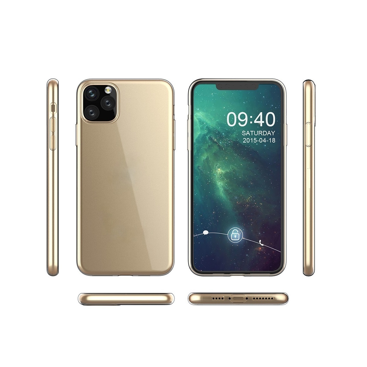 Goldenes Telefon aus mehreren Winkeln. Zeigt Bildschirm mit Uhrzeit und Datum. Isoliert auf Weiß.