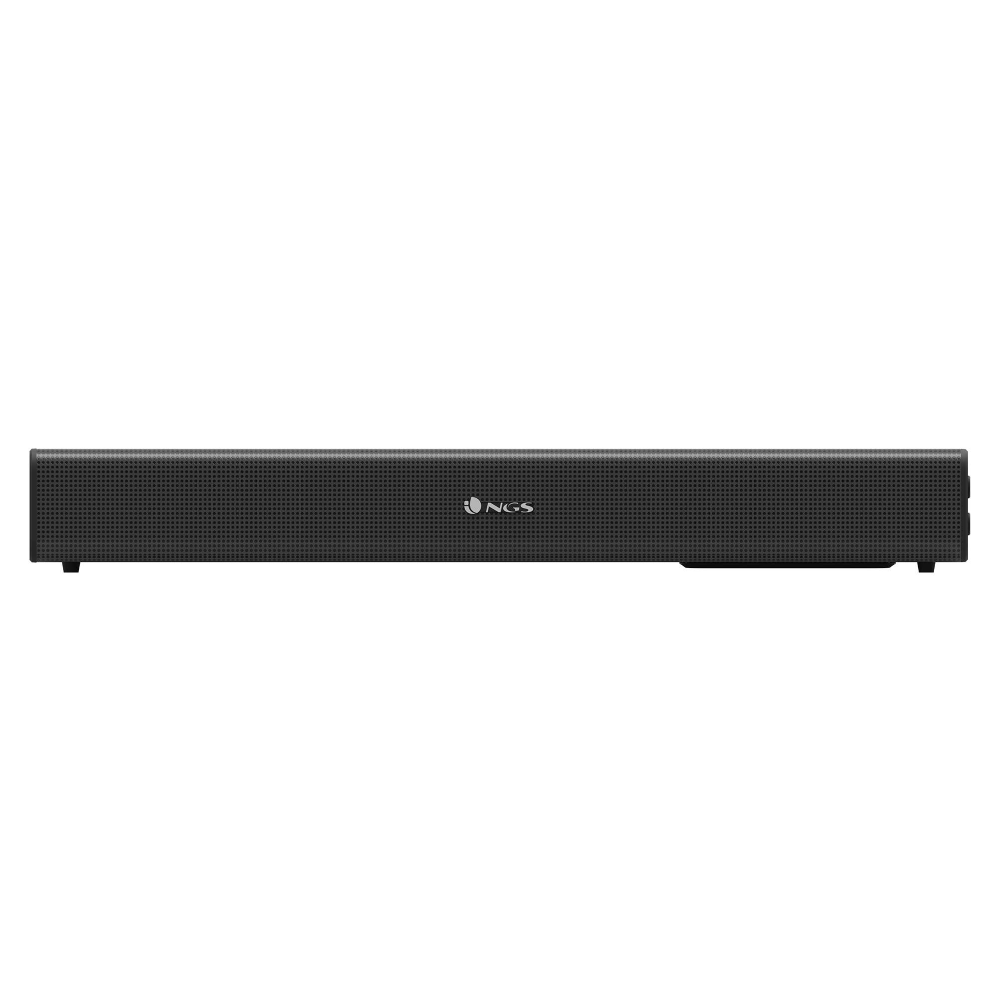 Schwarze Soundbar mit dem NGS-Logo.