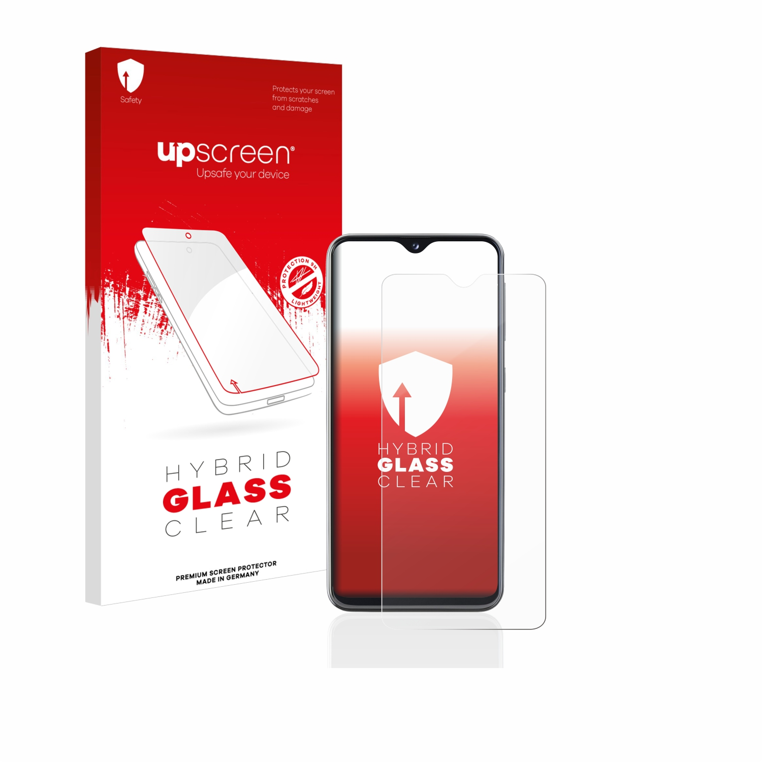 Ein Telefon mit Displayschutz und einer Box. Die Box hat ein Telefonbild und Text.