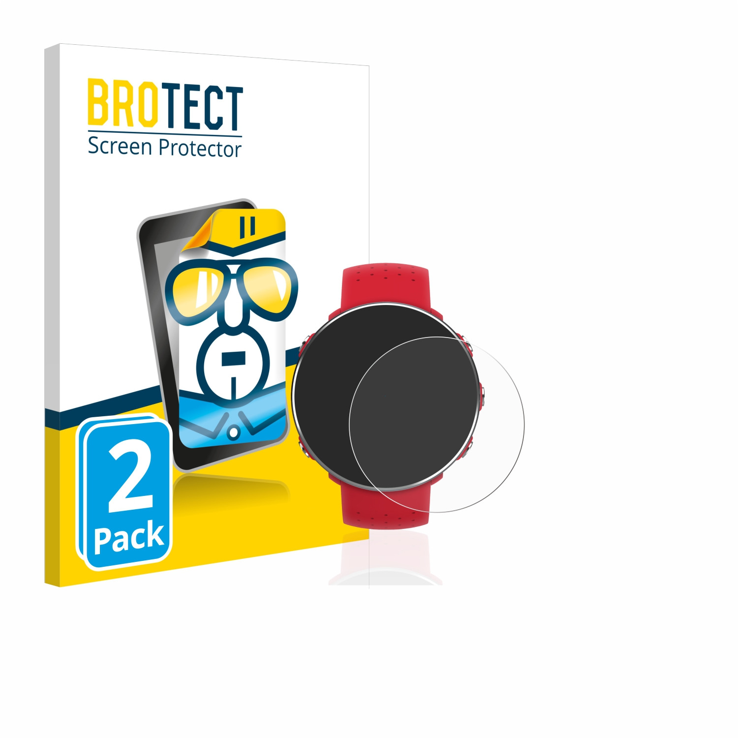 Ein Displayschutz und eine Smartwatch mit Displayschutzverpackung auf weißem Hintergrund.